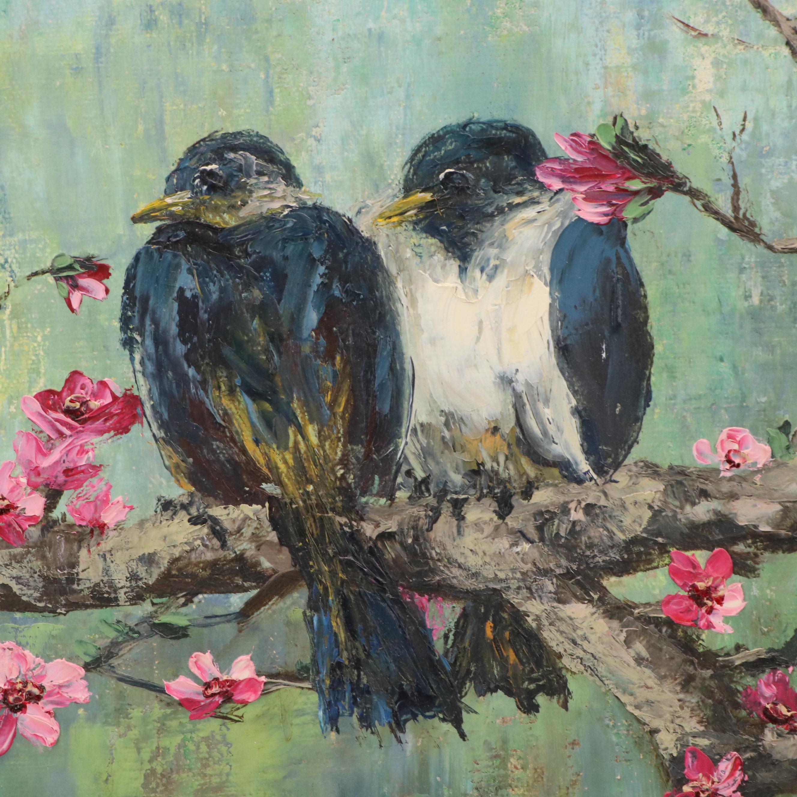Chinese Inspired Oil Painting of Birds on Plum Blossom Tree