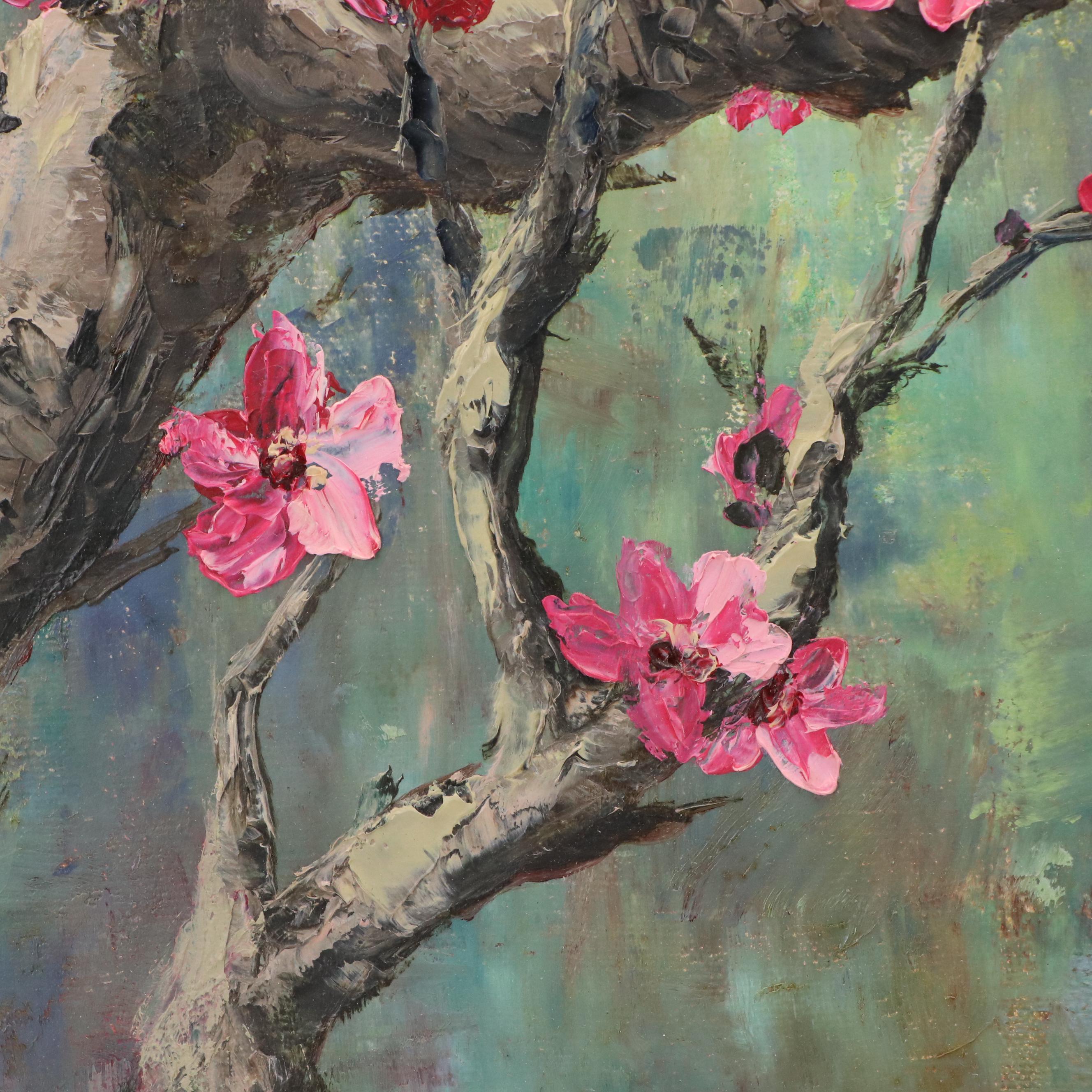 Chinese Inspired Oil Painting of Birds on Plum Blossom Tree