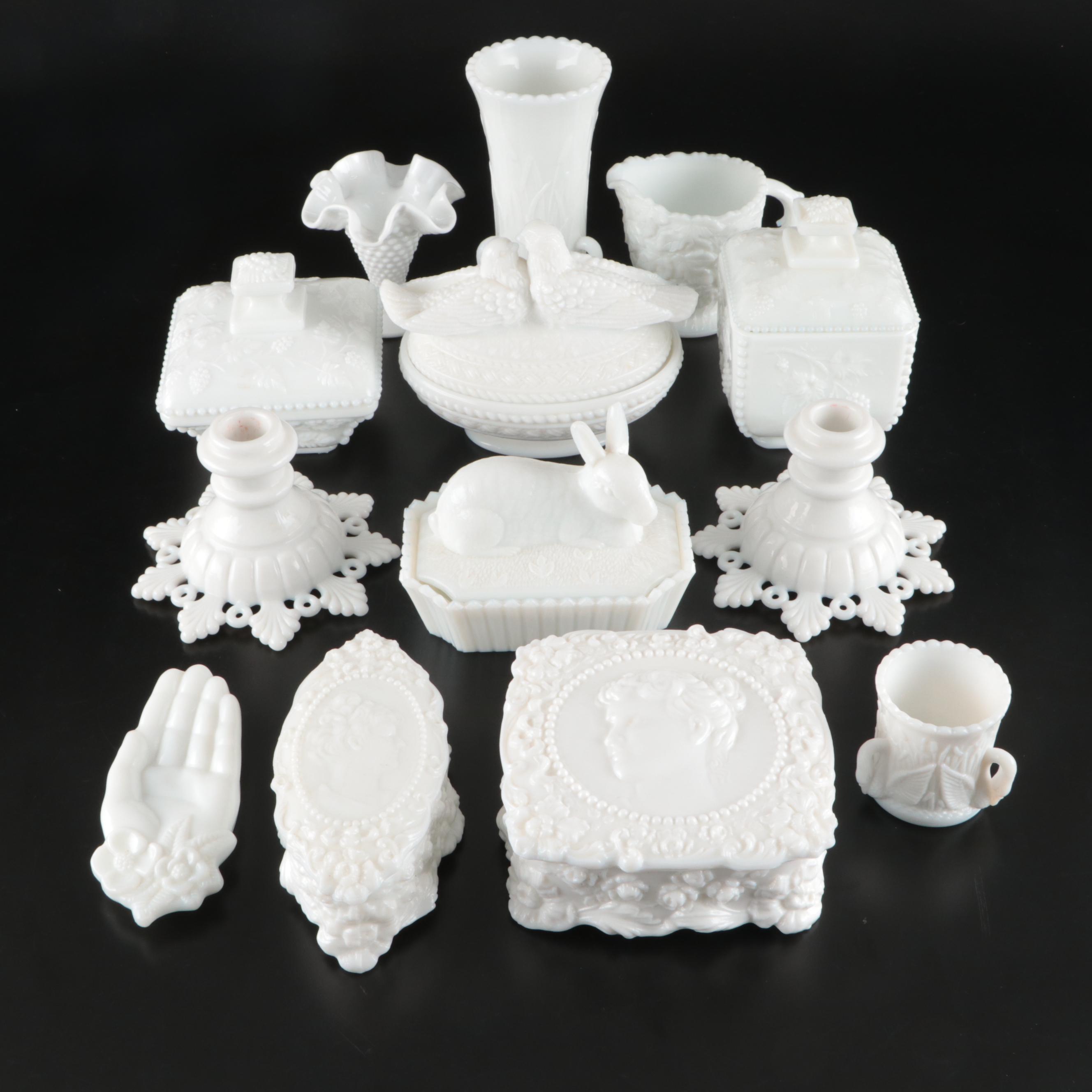 Milk Glass Vases, Boxes, Candlesticks and Other Home Décor