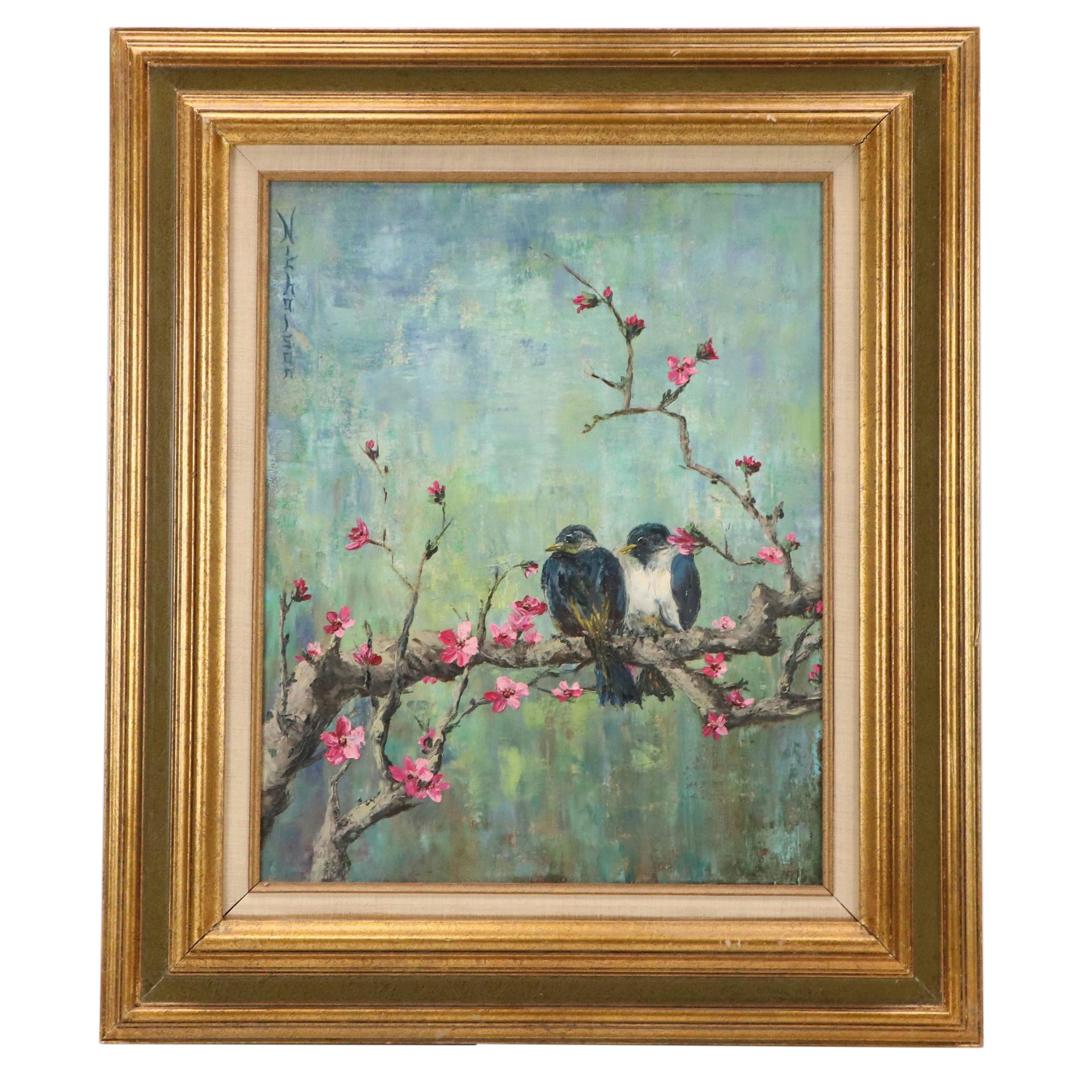 Chinese Inspired Oil Painting of Birds on Plum Blossom Tree