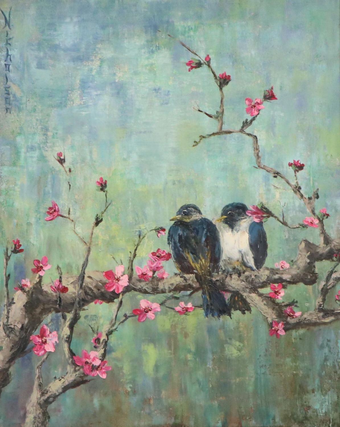Chinese Inspired Oil Painting of Birds on Plum Blossom Tree