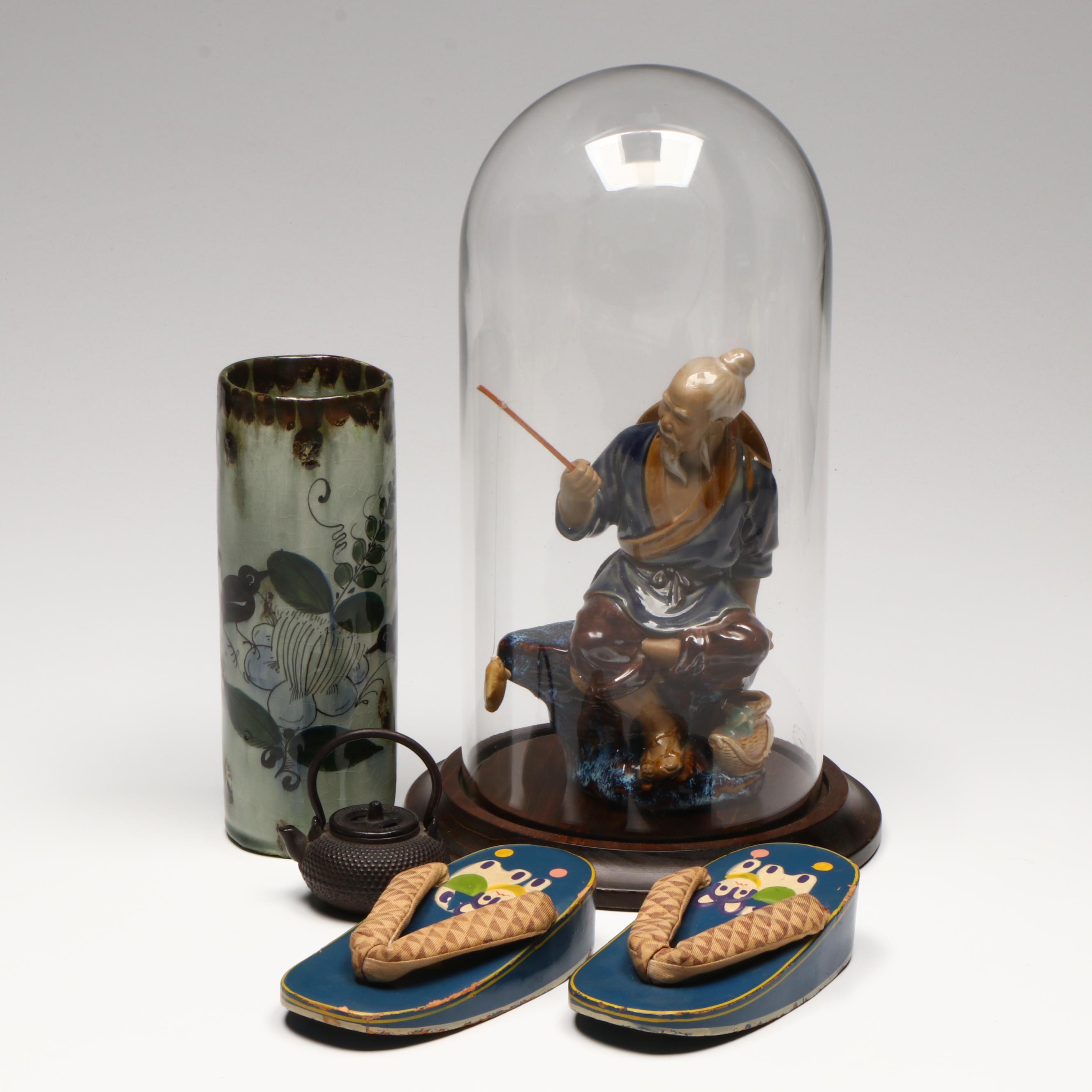 Japanese Geta with Chinese Ceramic Fisherman and Other East Asian Décor