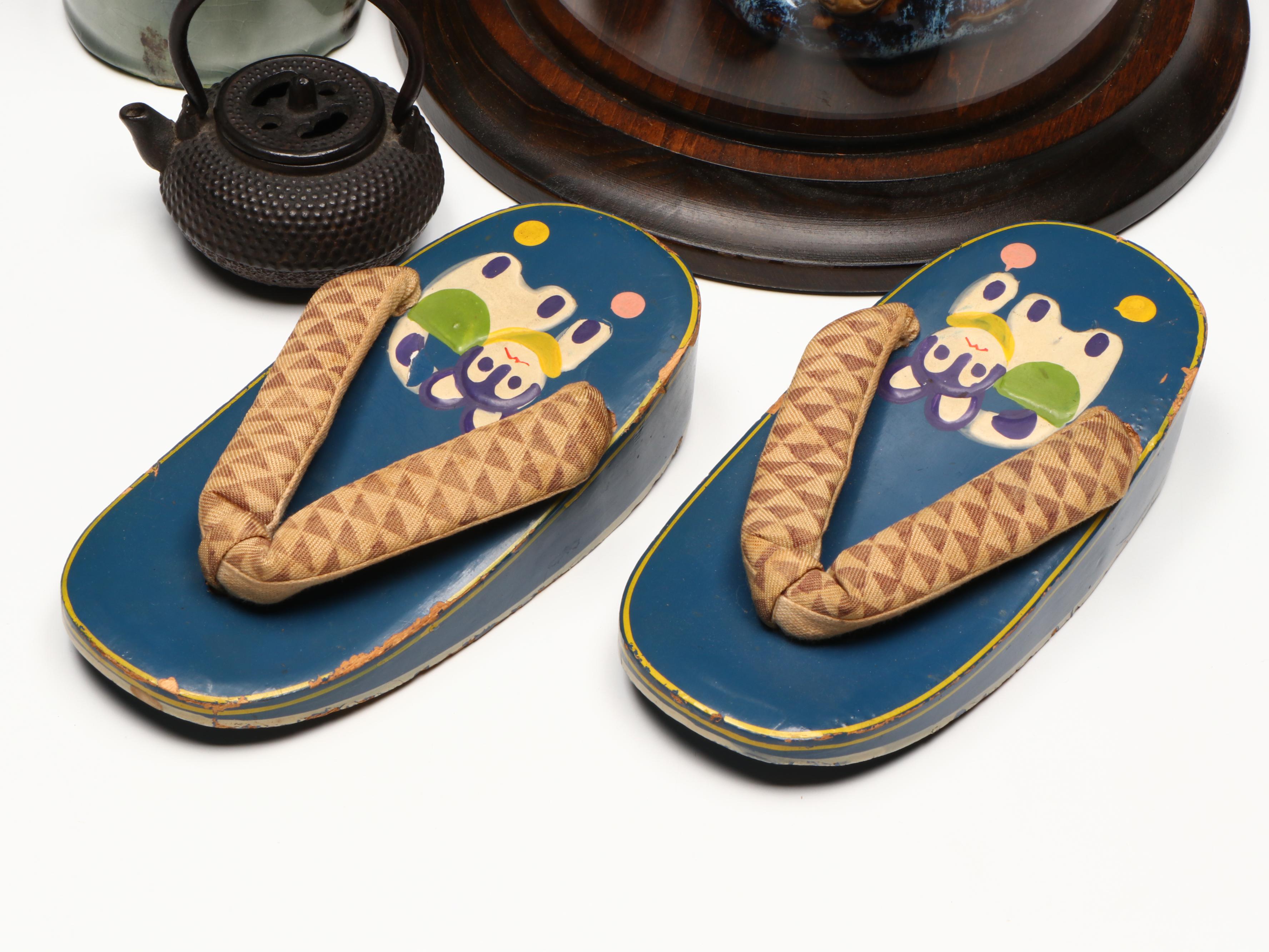 Japanese Geta with Chinese Ceramic Fisherman and Other East Asian Décor