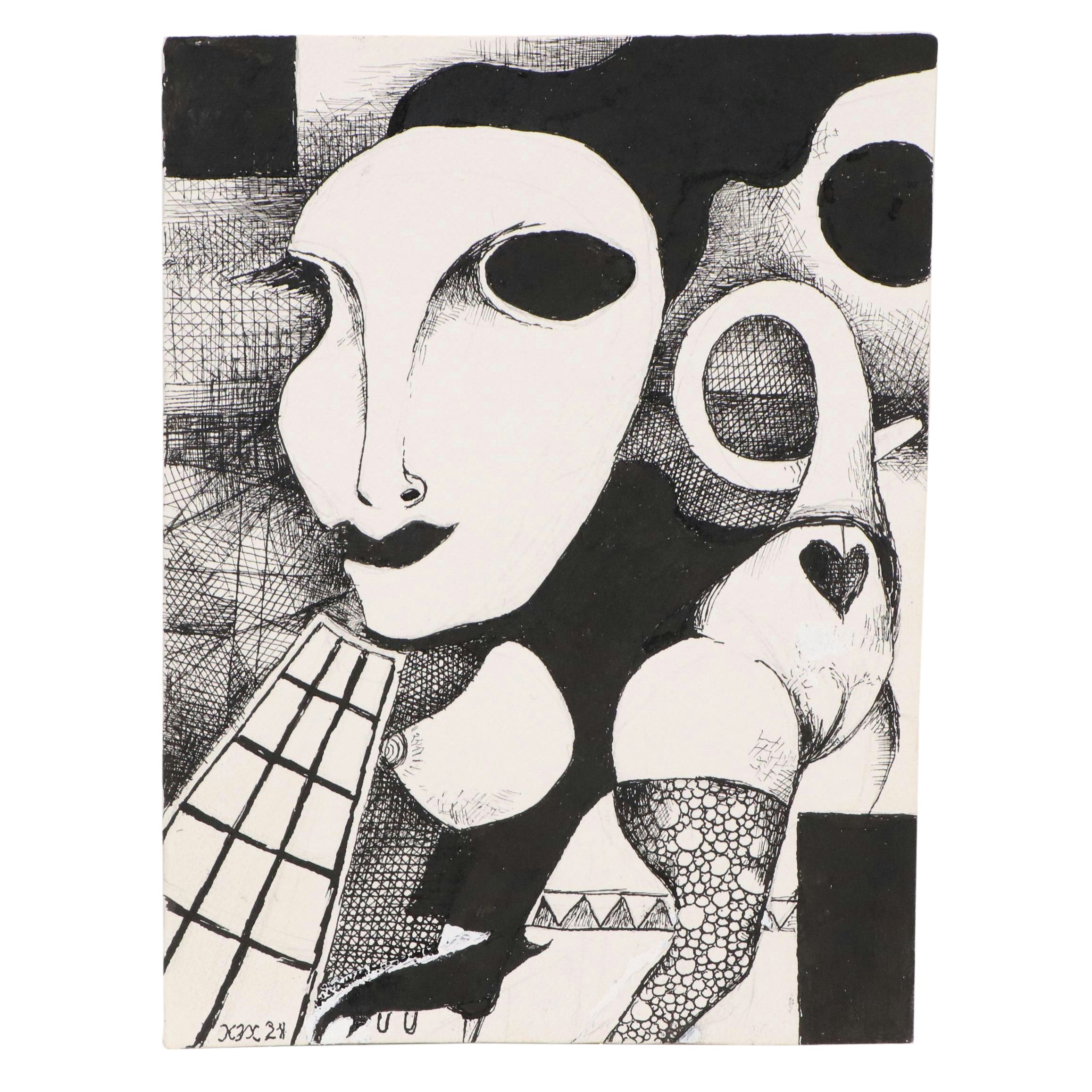 Nikolay "Kuk" Manuylov Surrealist Ink Drawing, 21st Century