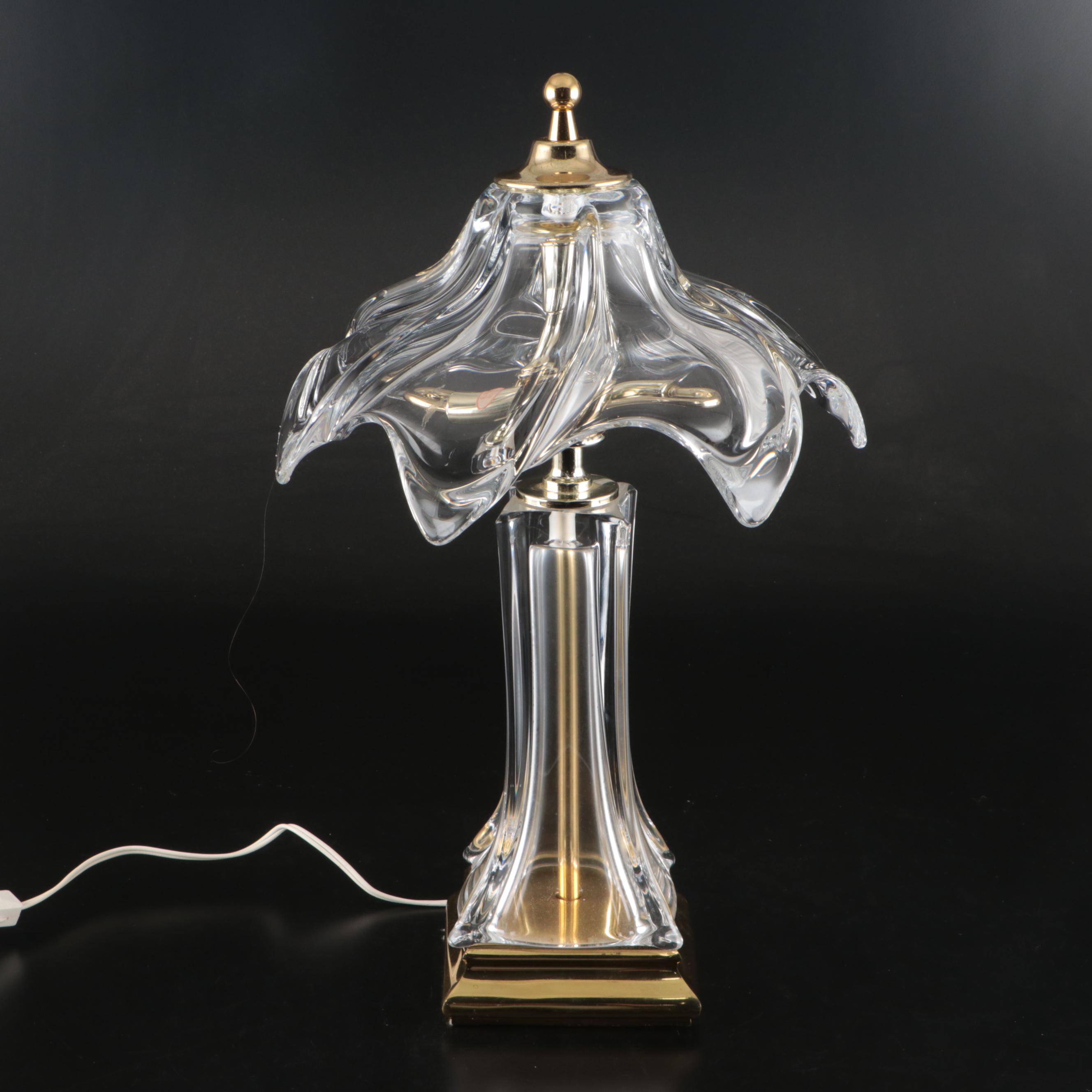 Brass and Glass Table Lamp with Spiral Shade, Manner of Cofrac Art Verrier