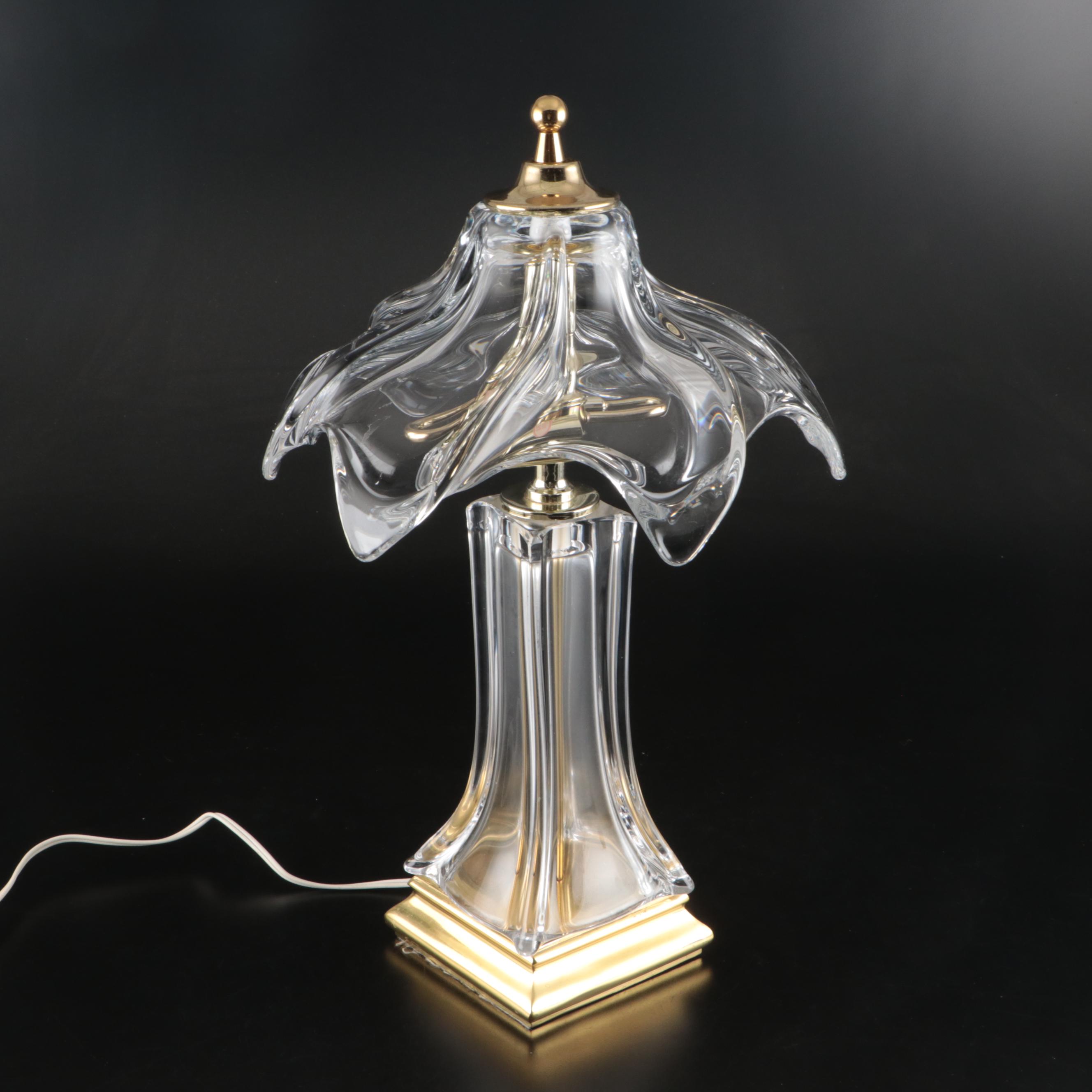 Brass and Glass Table Lamp with Spiral Shade, Manner of Cofrac Art Verrier
