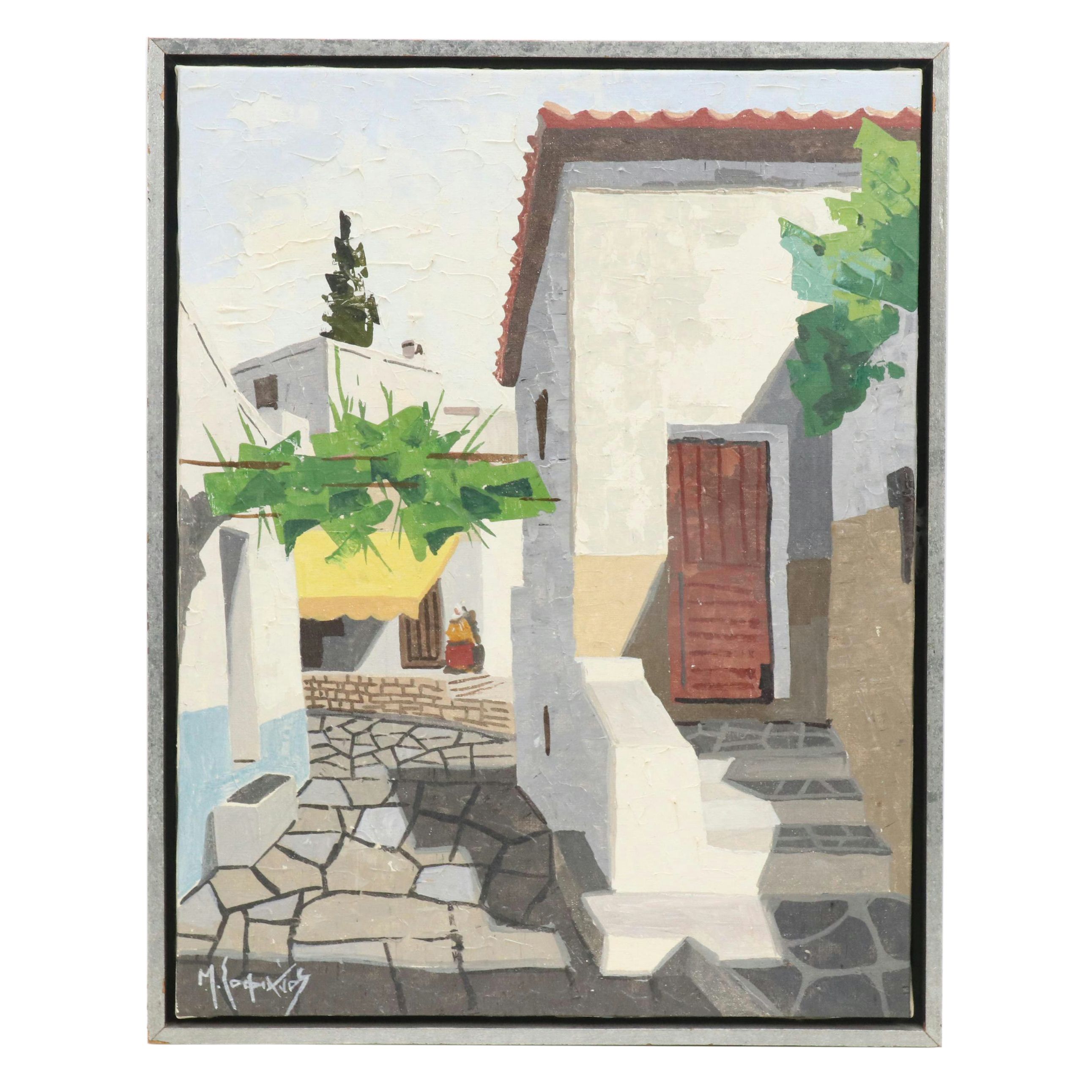 Stylized Oil Painting With Mediterranean Alleyway, Late 20th Century
