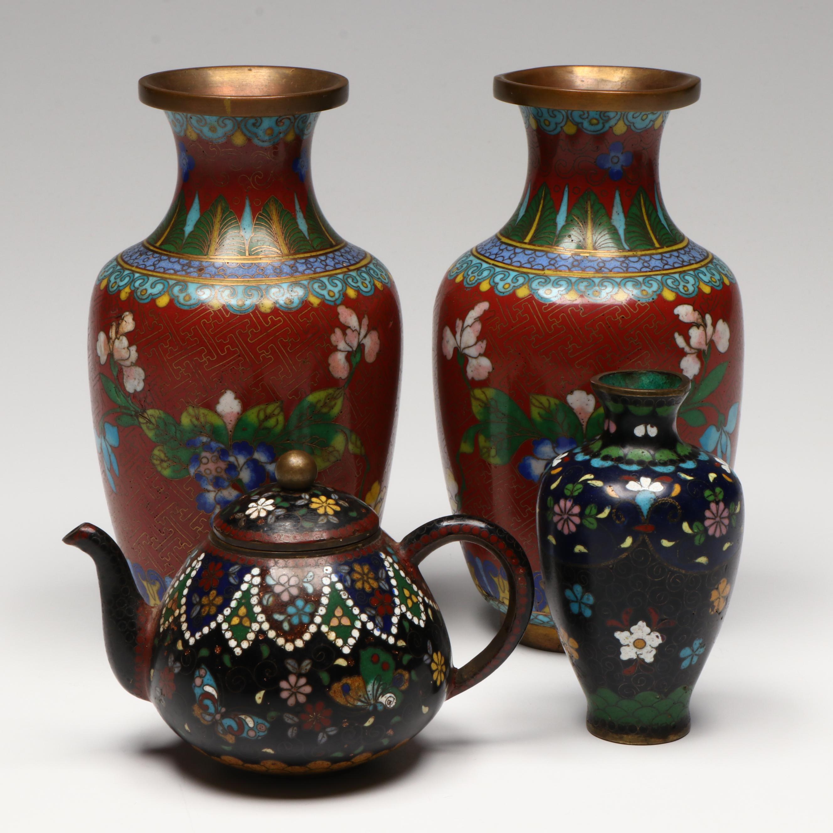 Chinese Floral Cloisonné Vases and Teapot