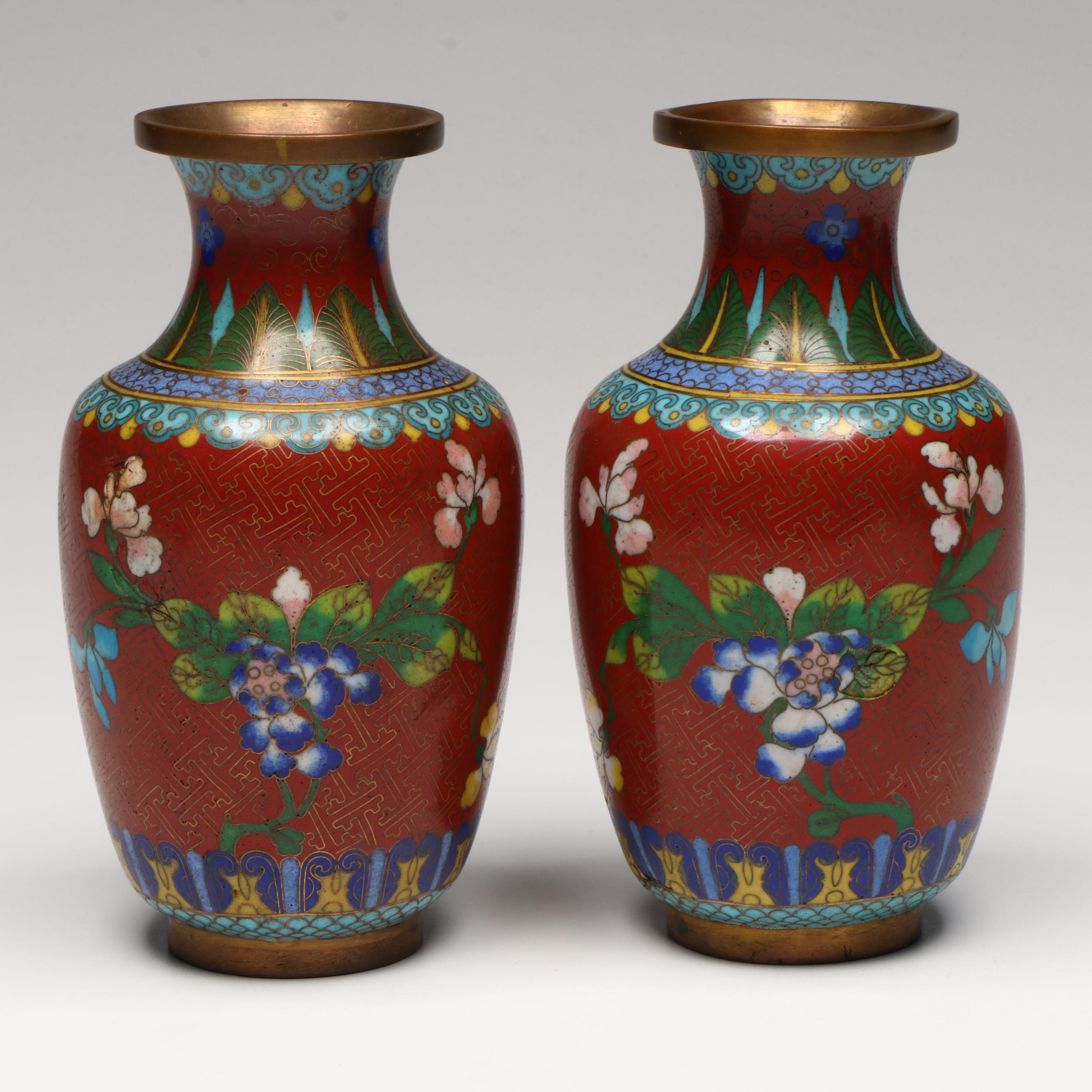 Chinese Floral Cloisonné Vases and Teapot