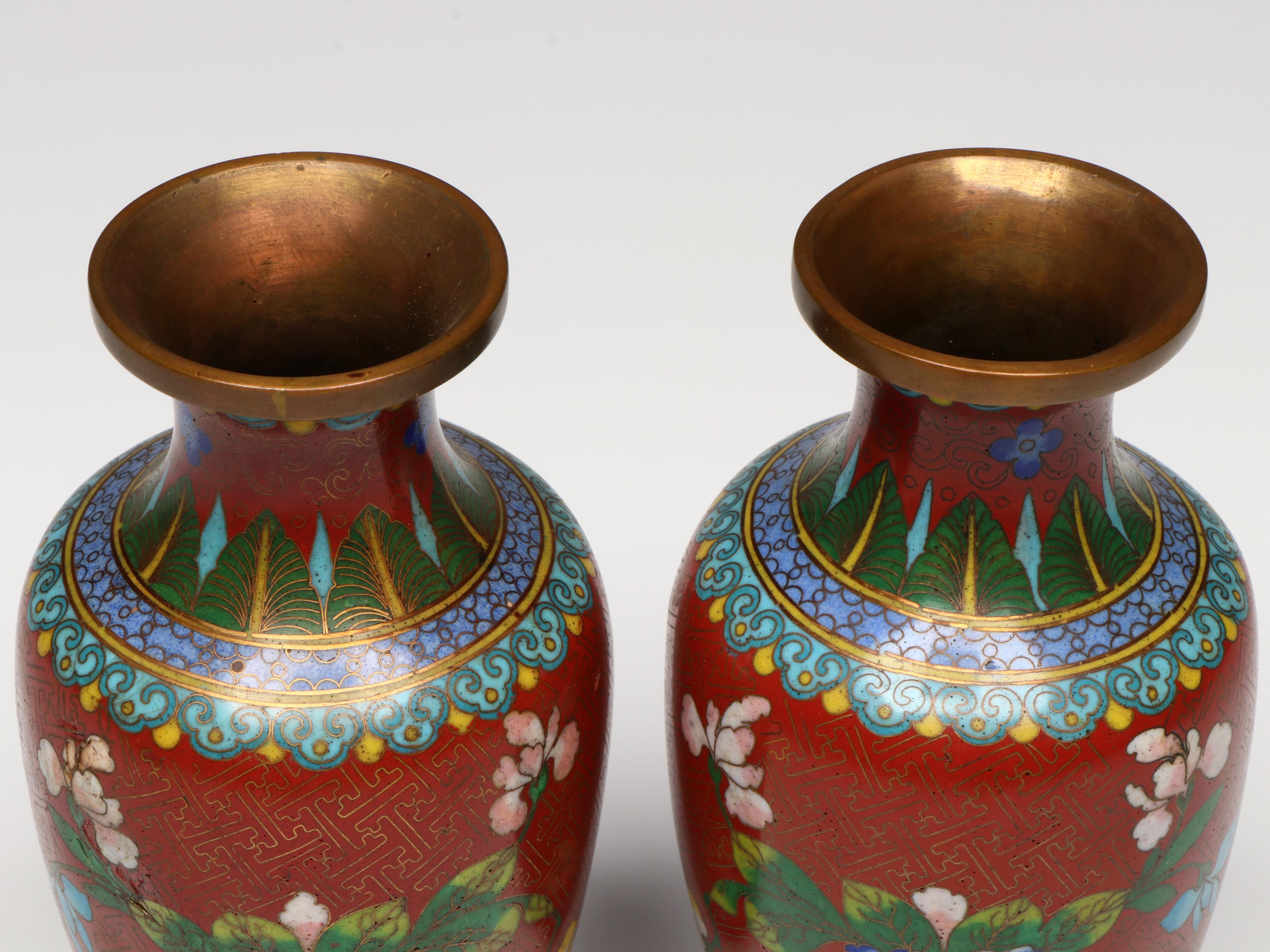 Chinese Floral Cloisonné Vases and Teapot