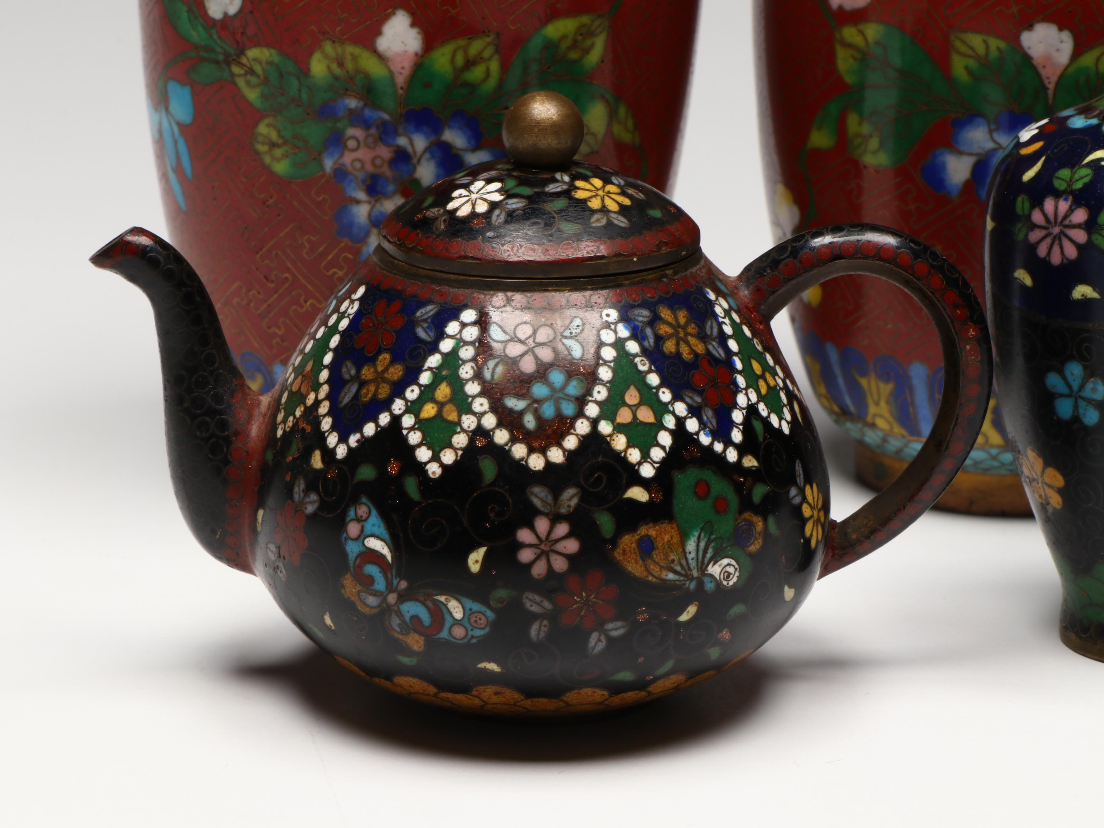 Chinese Floral Cloisonné Vases and Teapot