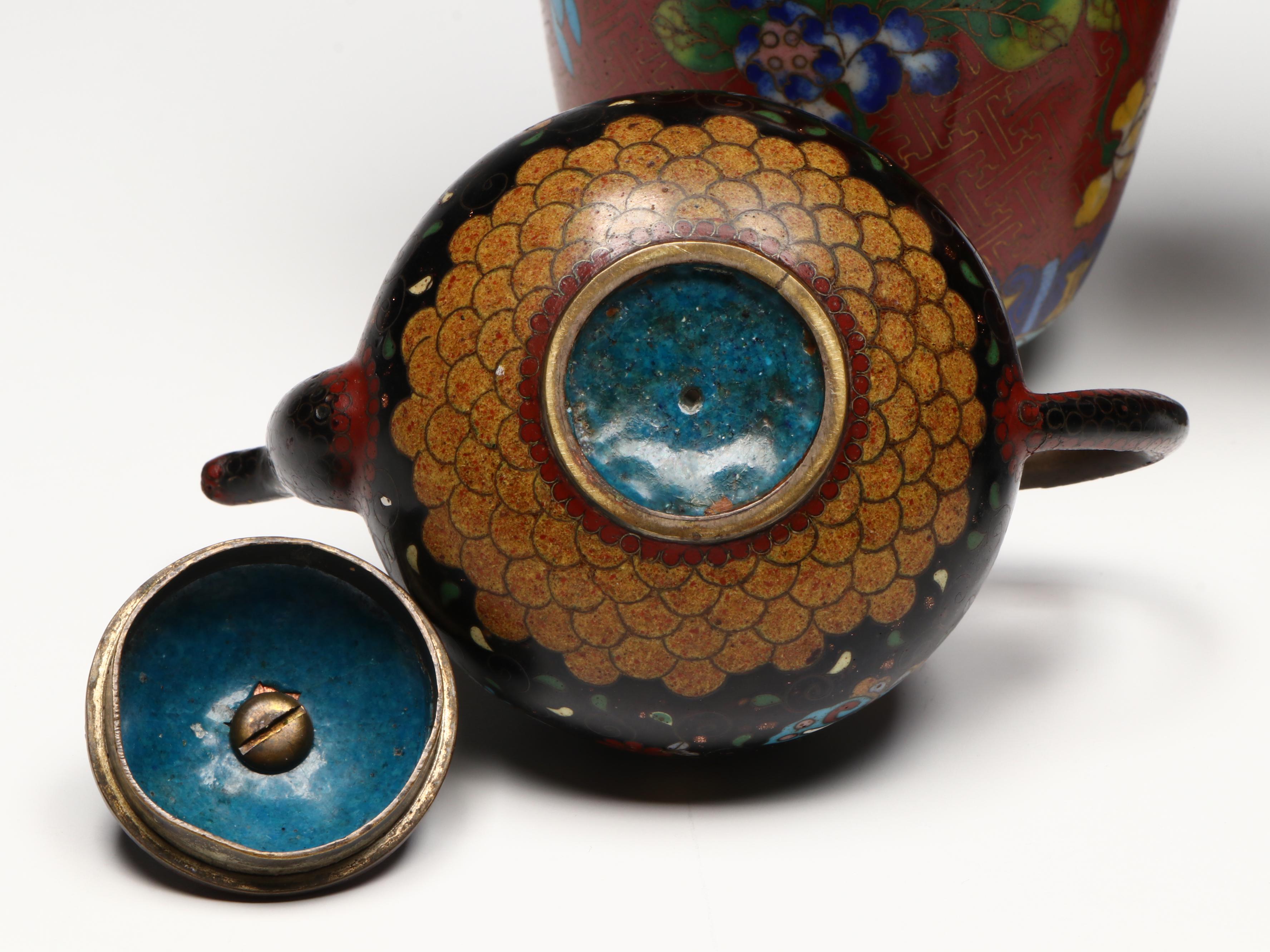 Chinese Floral Cloisonné Vases and Teapot