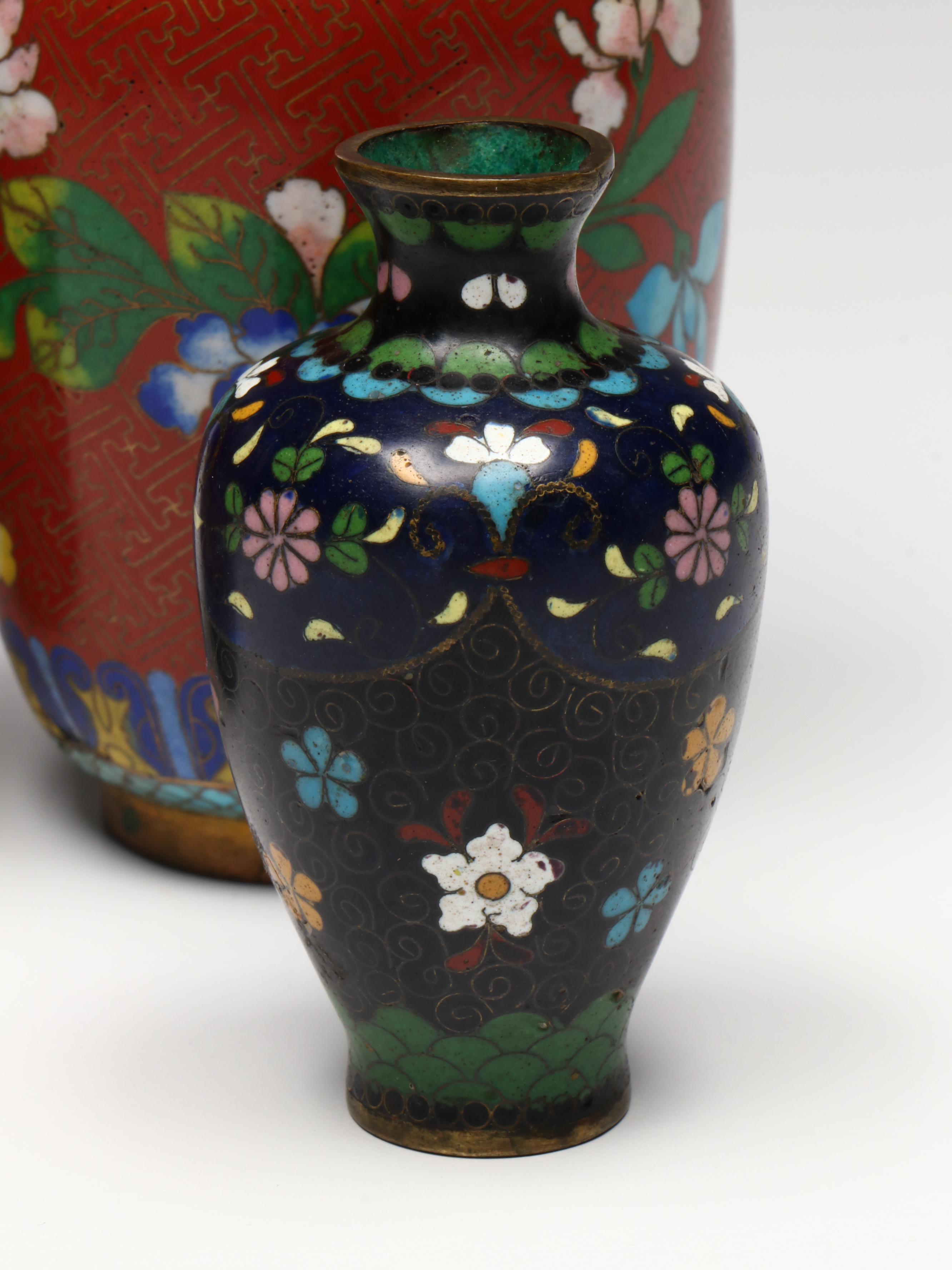 Chinese Floral Cloisonné Vases and Teapot