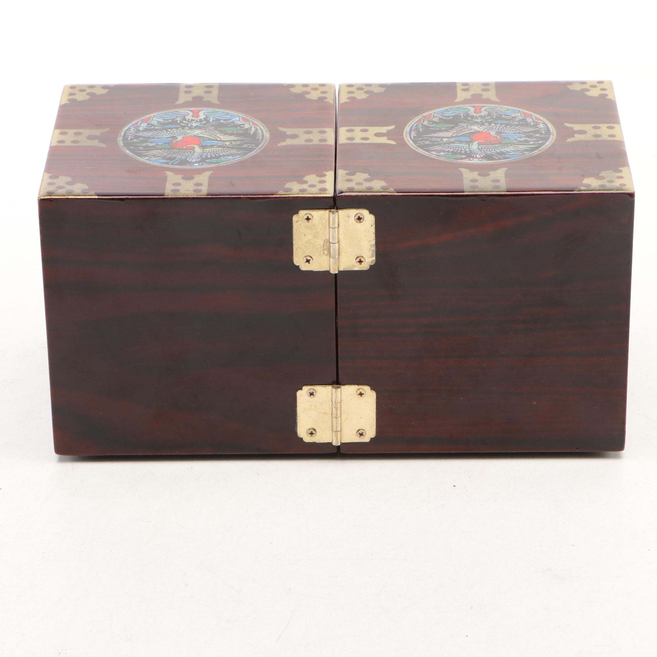 Chinese Lacquerware Jewelry Box with Two Cranes Medallion