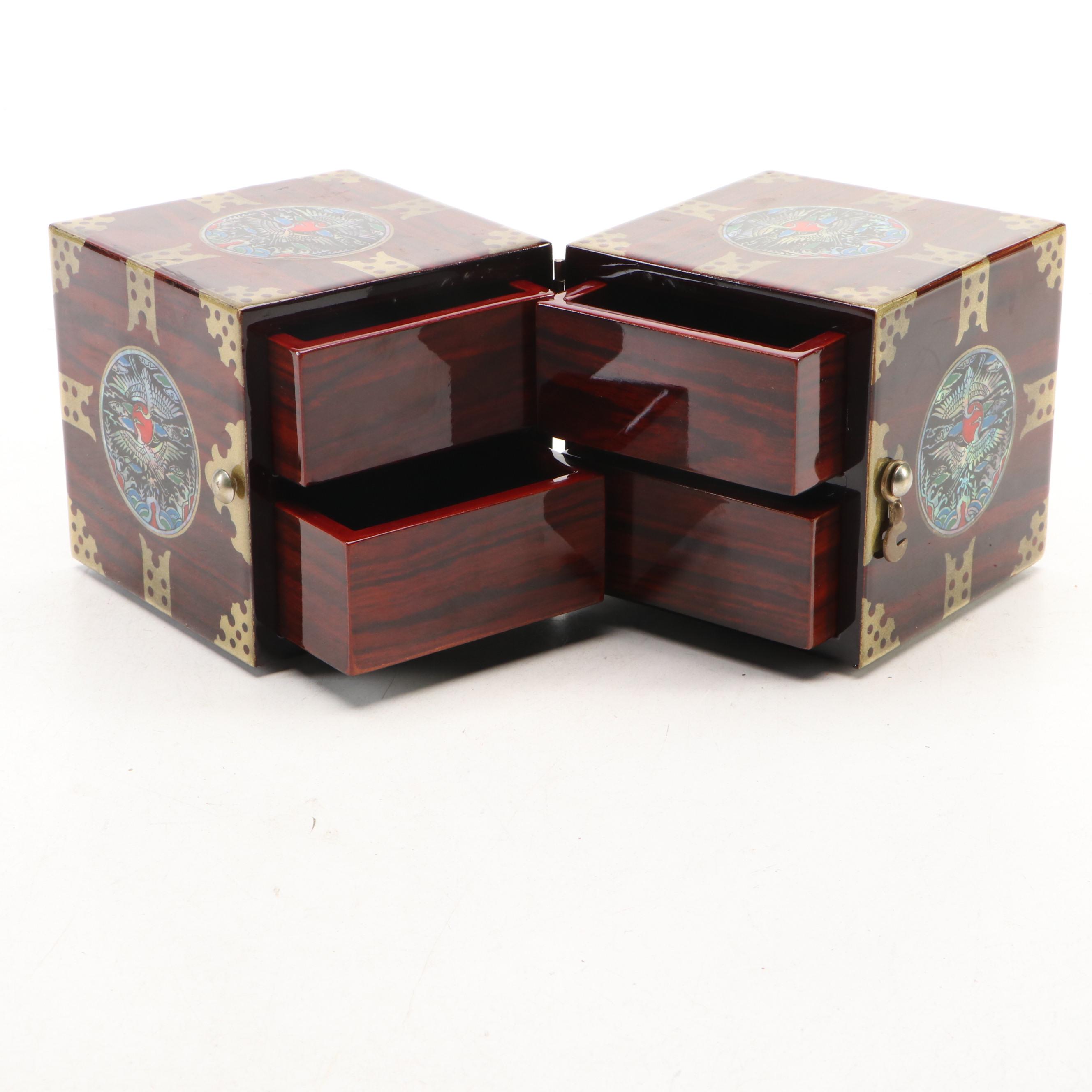 Chinese Lacquerware Jewelry Box with Two Cranes Medallion