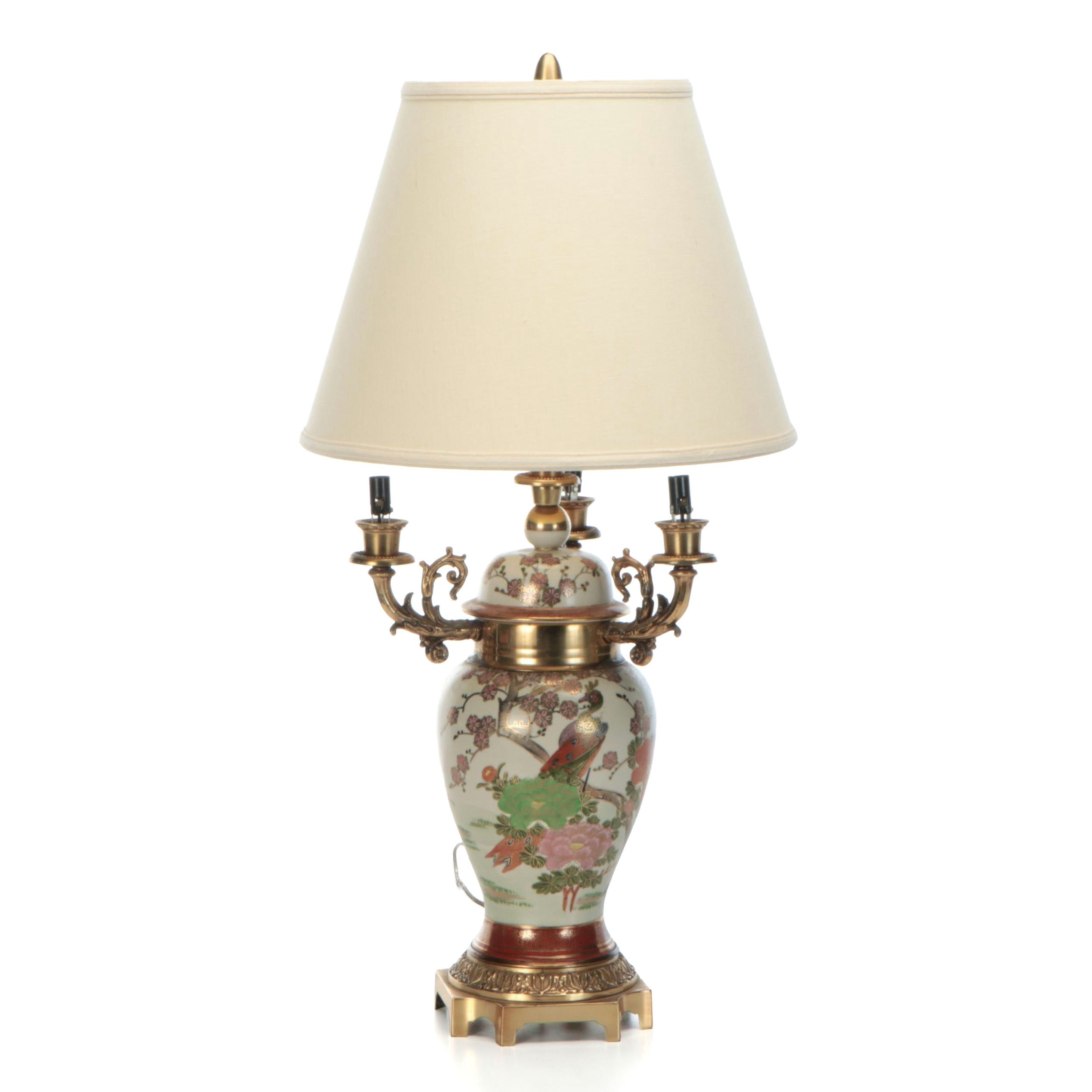 Japanese Porcelain Kutani Ginger Jar Lamp with Brass Fittings and Base