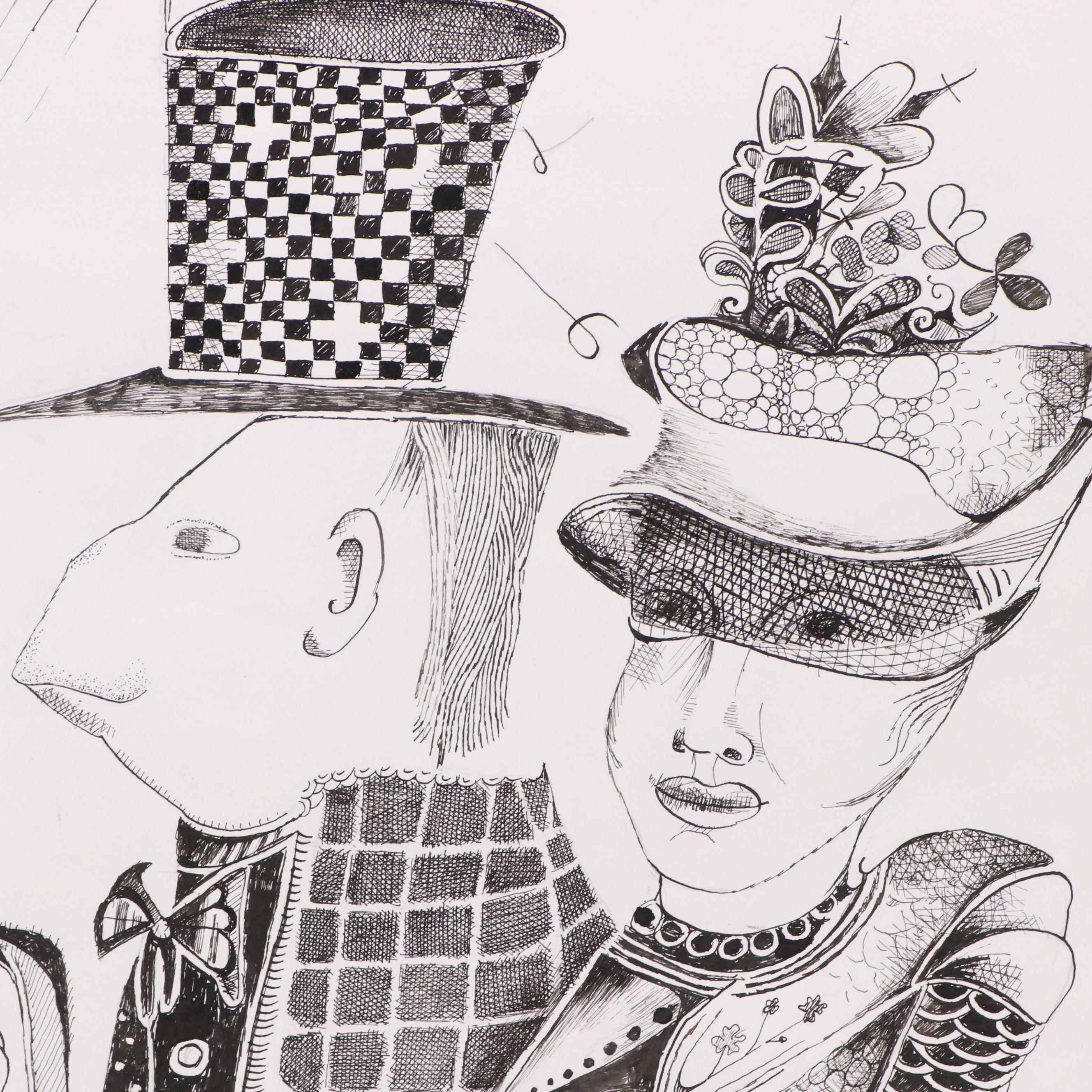 Nikolay "Kuk" Manuylov Figural Surrealist Ink Drawing, 21st Century