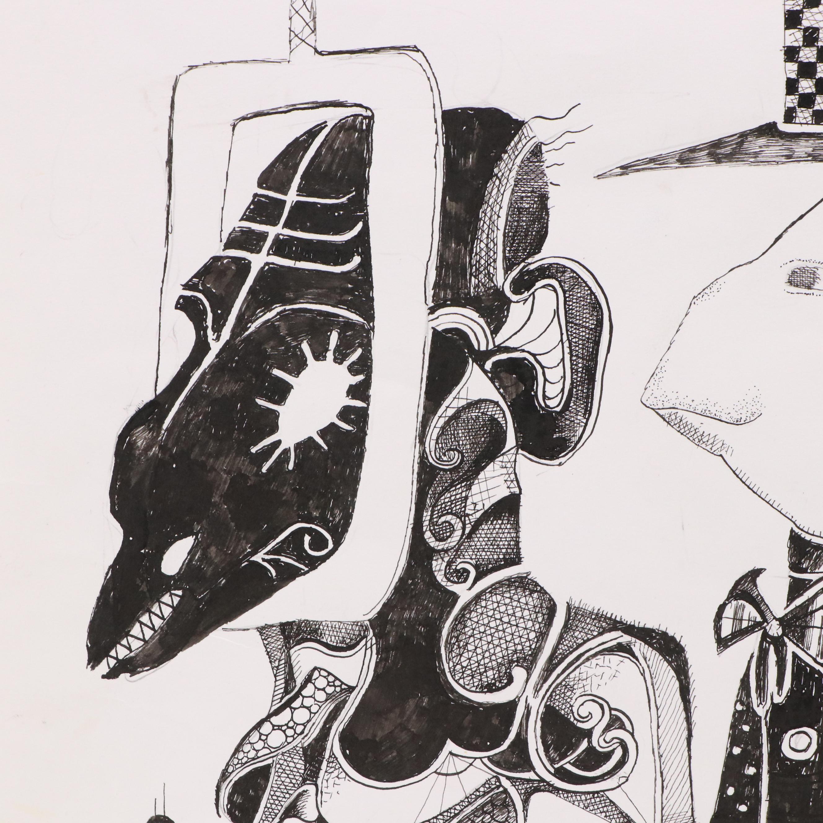 Nikolay "Kuk" Manuylov Figural Surrealist Ink Drawing, 21st Century