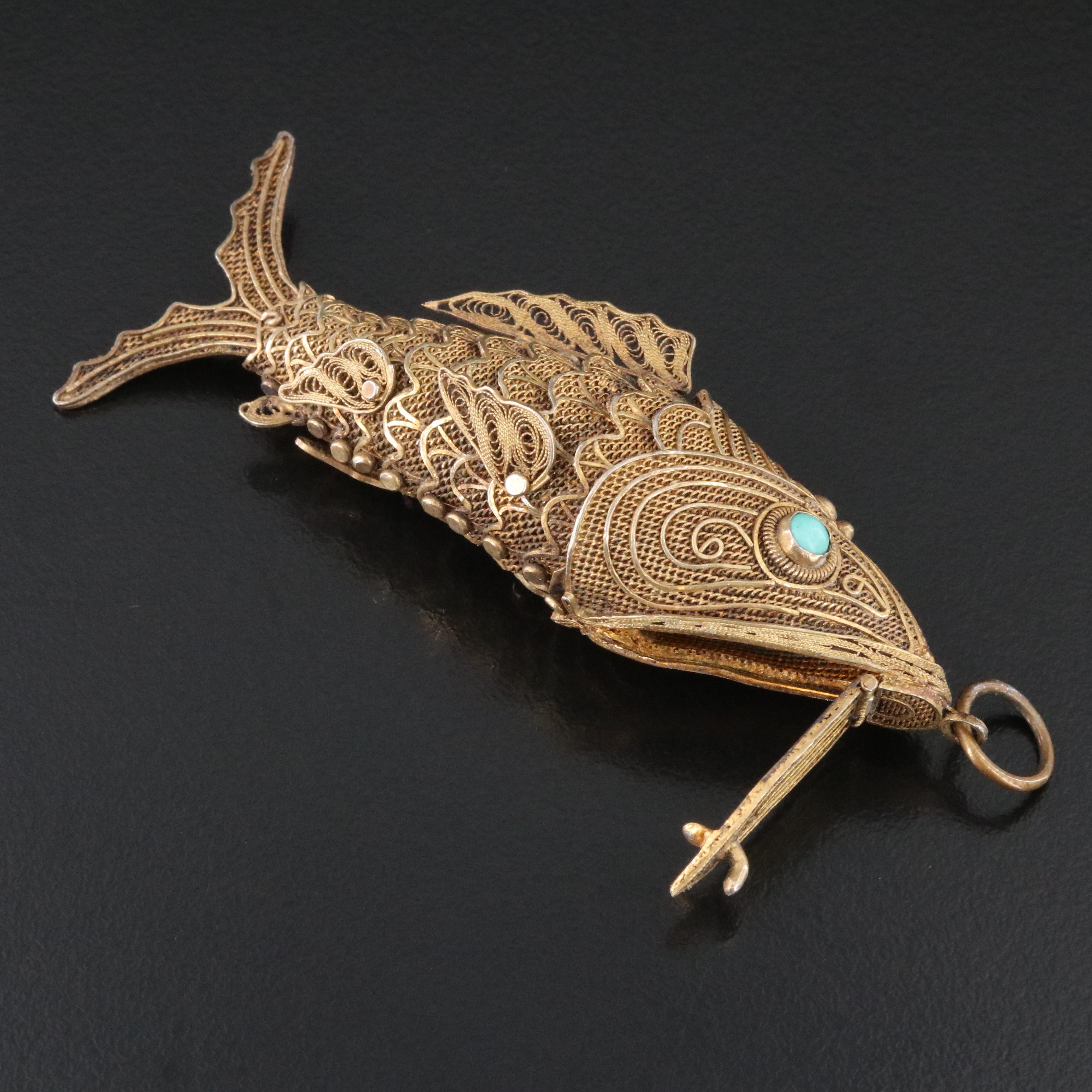 Sterling Faux Turquoise Articulated Fish Pendant