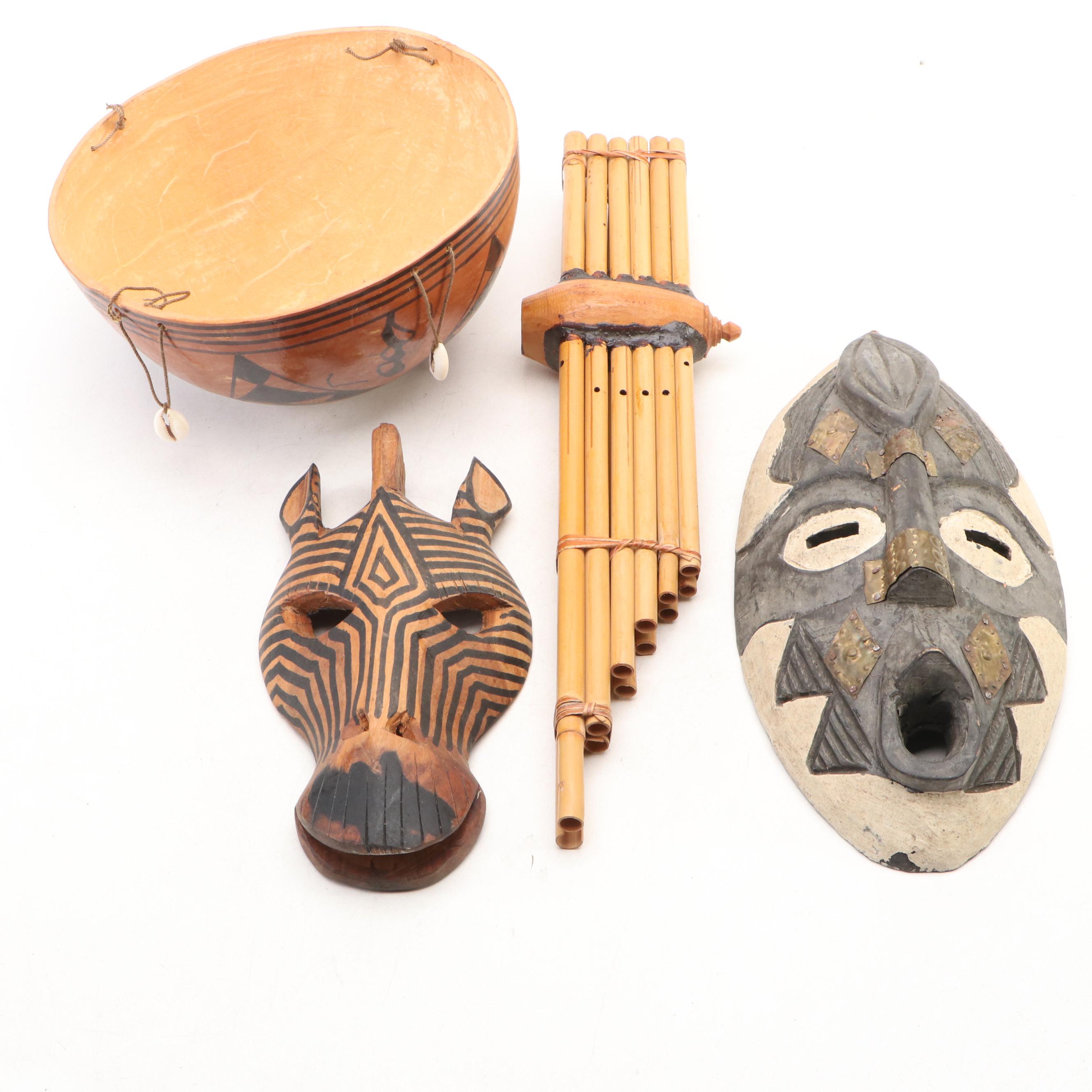 Souvenir Hand-Carved Wood Masks, Flute, Southwestern Shell Decorated Bowl