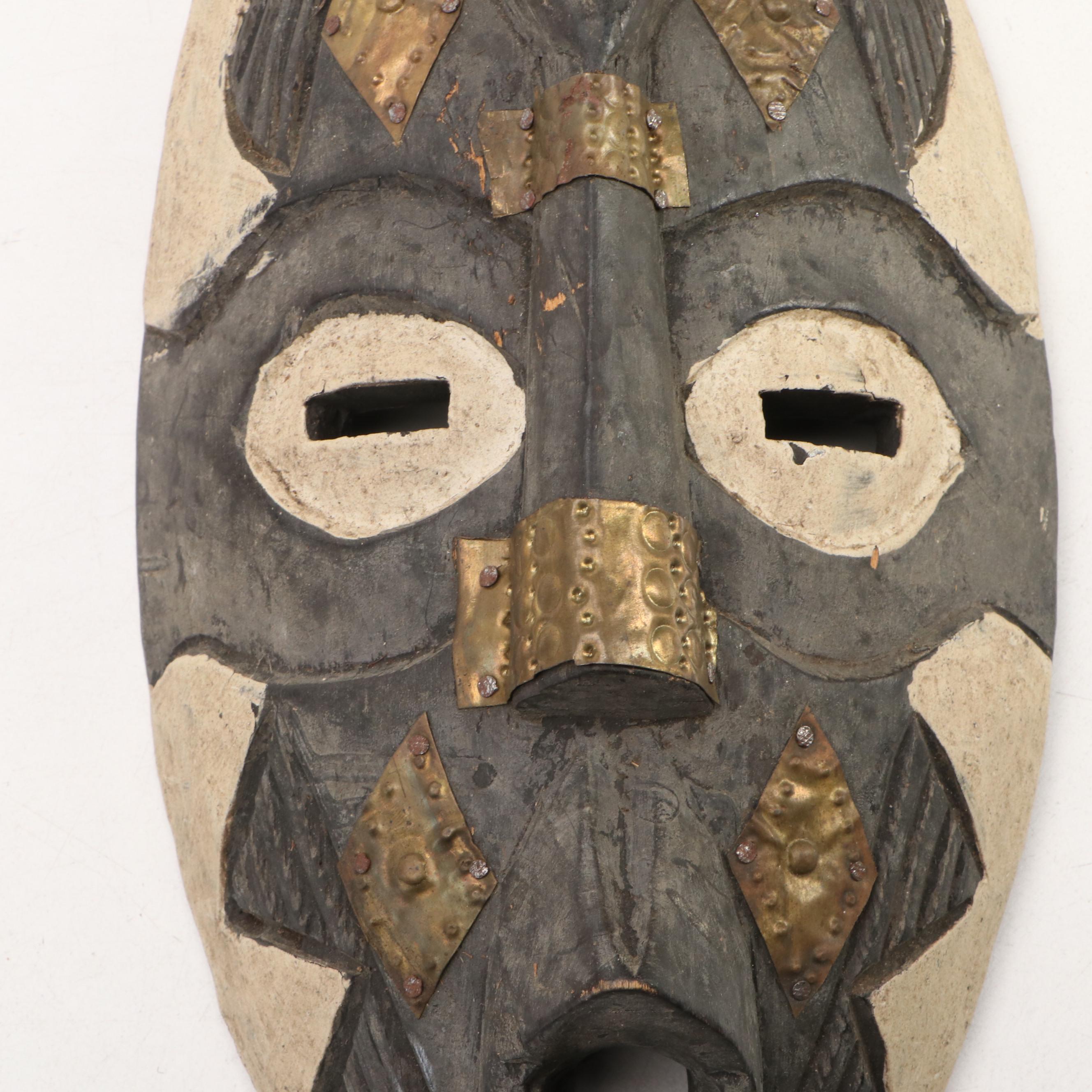 Souvenir Hand-Carved Wood Masks, Flute, Southwestern Shell Decorated Bowl