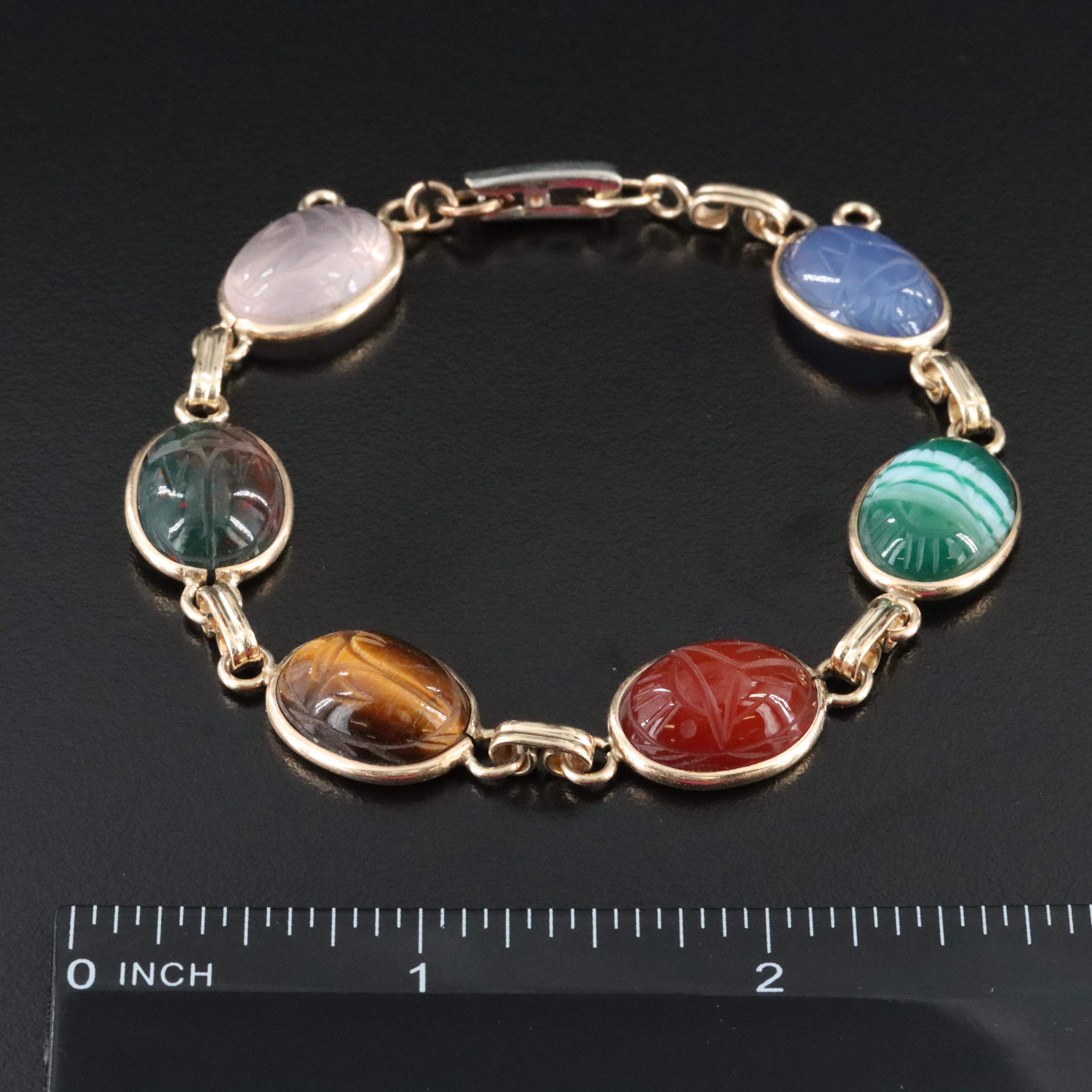 Vintage Scarab  Bracelet Featuring Tiger's Eye, Bloodstone, and Agate