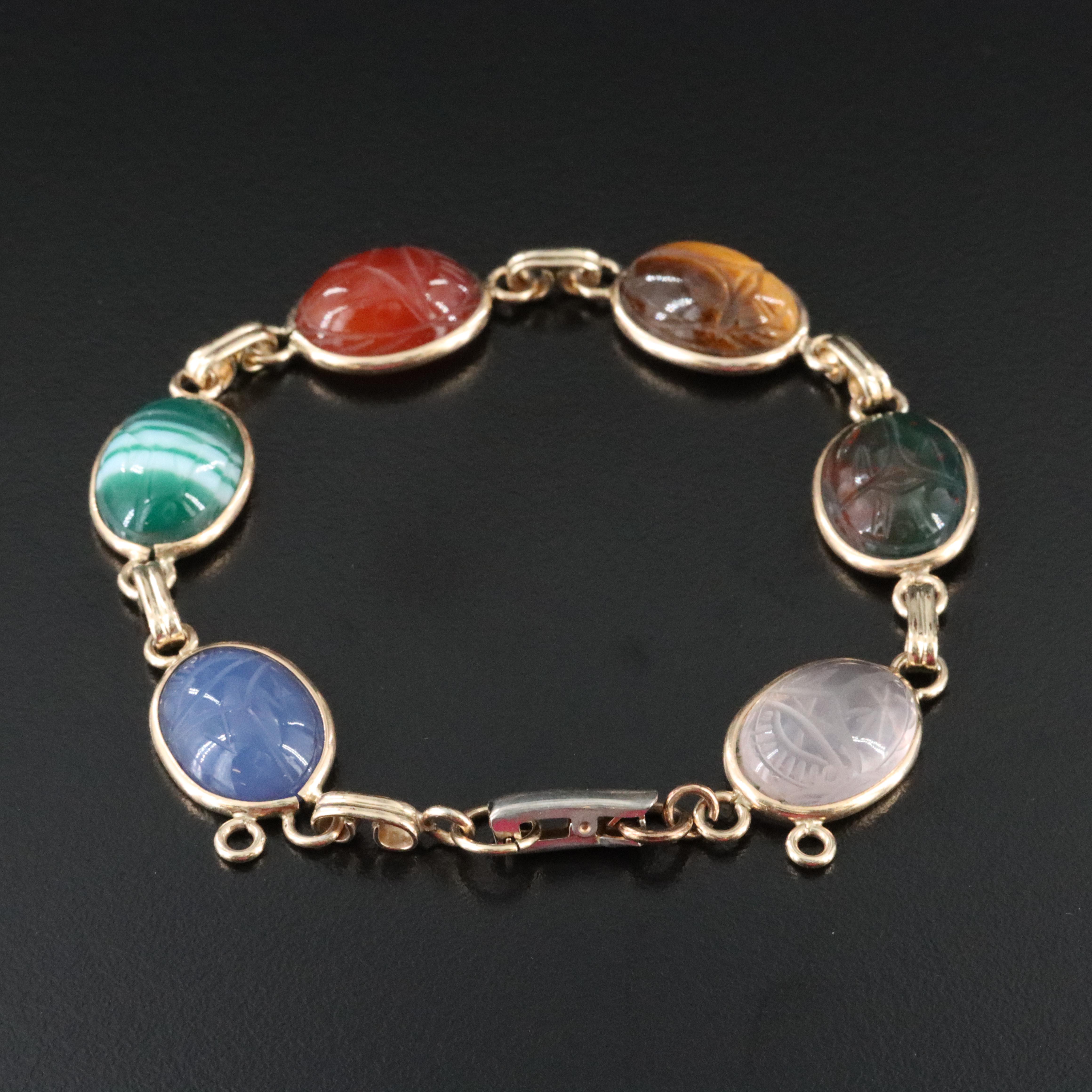 Vintage Scarab  Bracelet Featuring Tiger's Eye, Bloodstone, and Agate