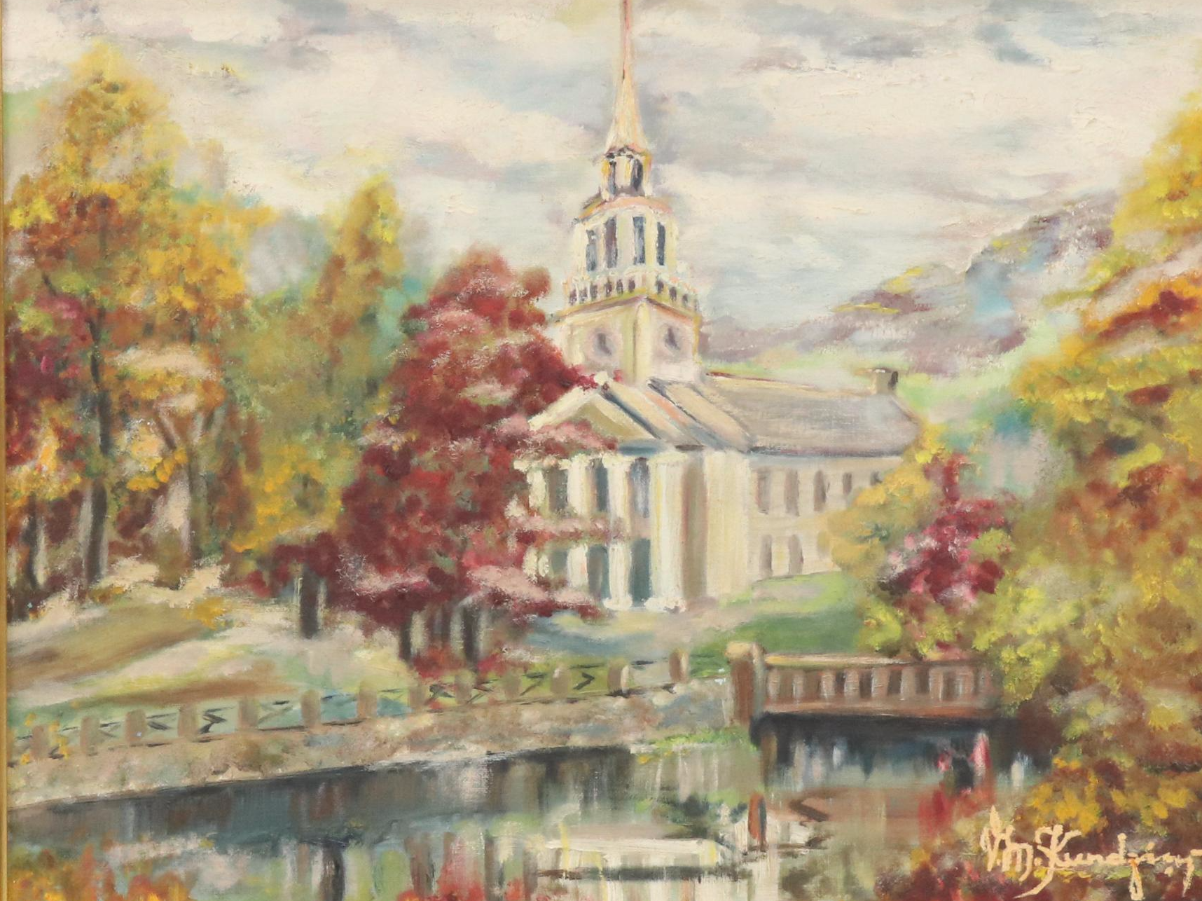 Autumnal Oil Painting with New England Church, Late 20th Century