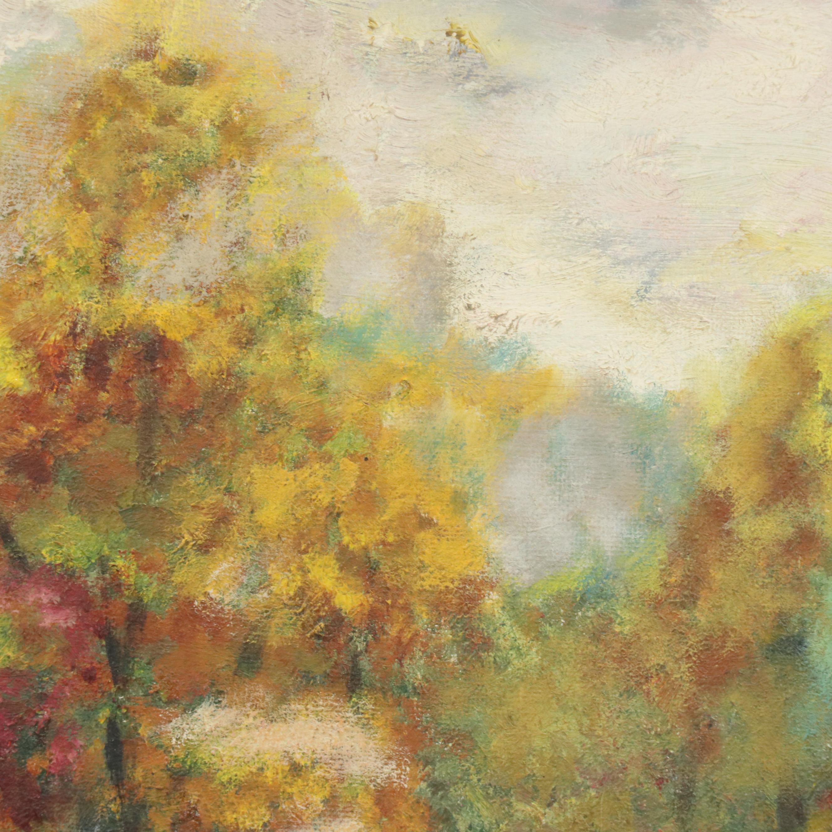 Autumnal Oil Painting with New England Church, Late 20th Century