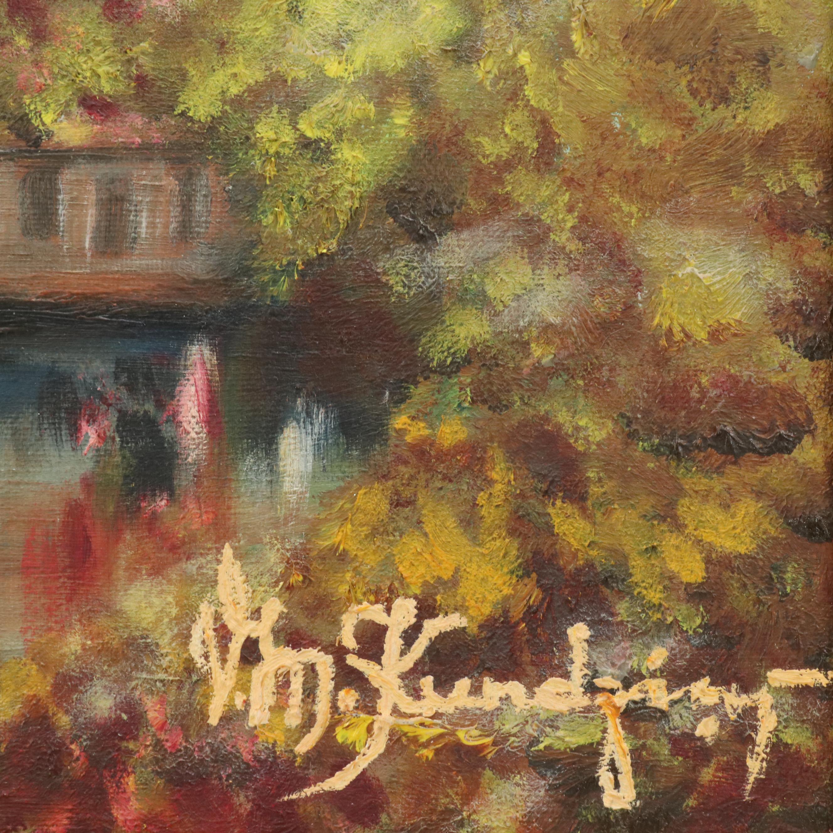 Autumnal Oil Painting with New England Church, Late 20th Century