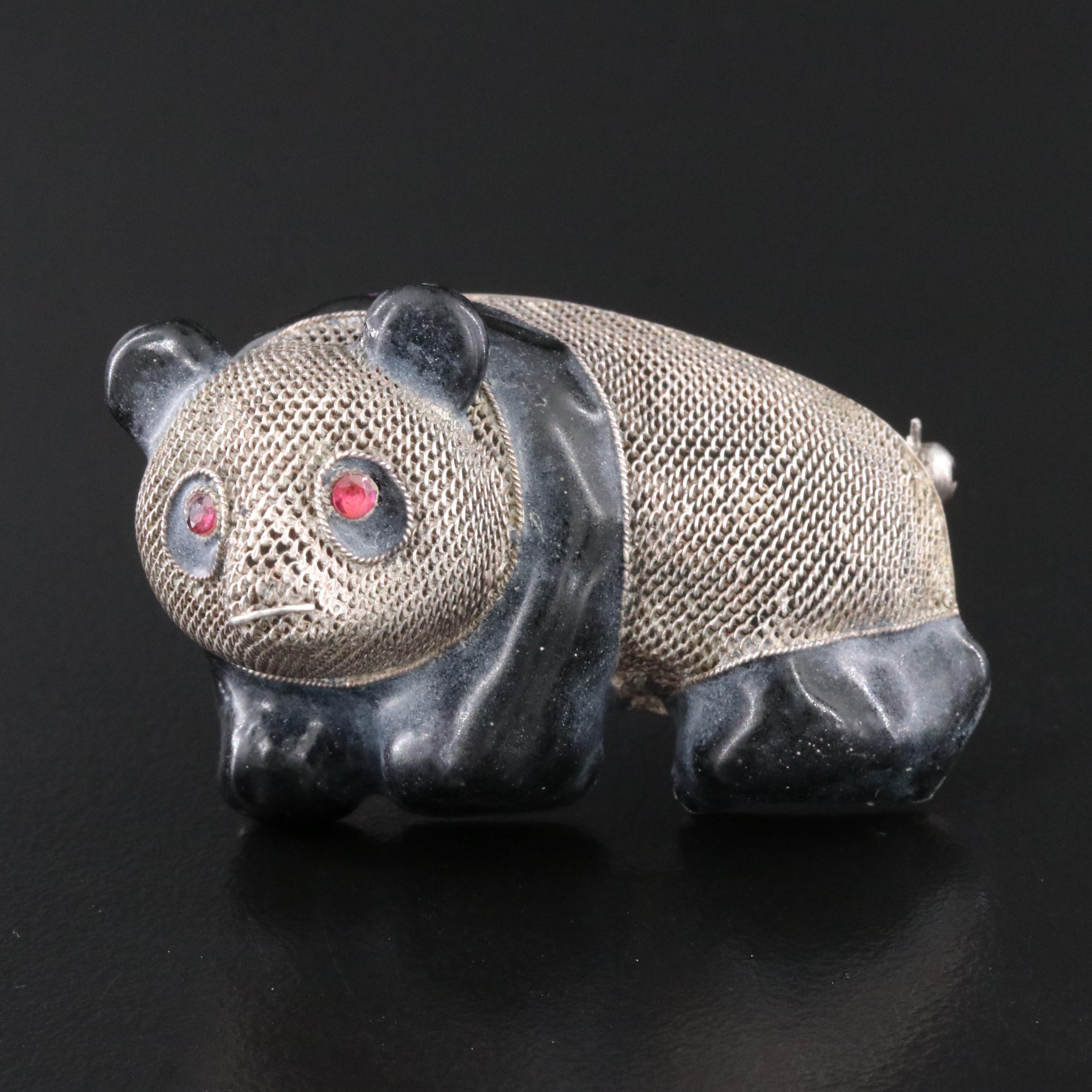 Sterling Ruby and Enamel Panda Brooch