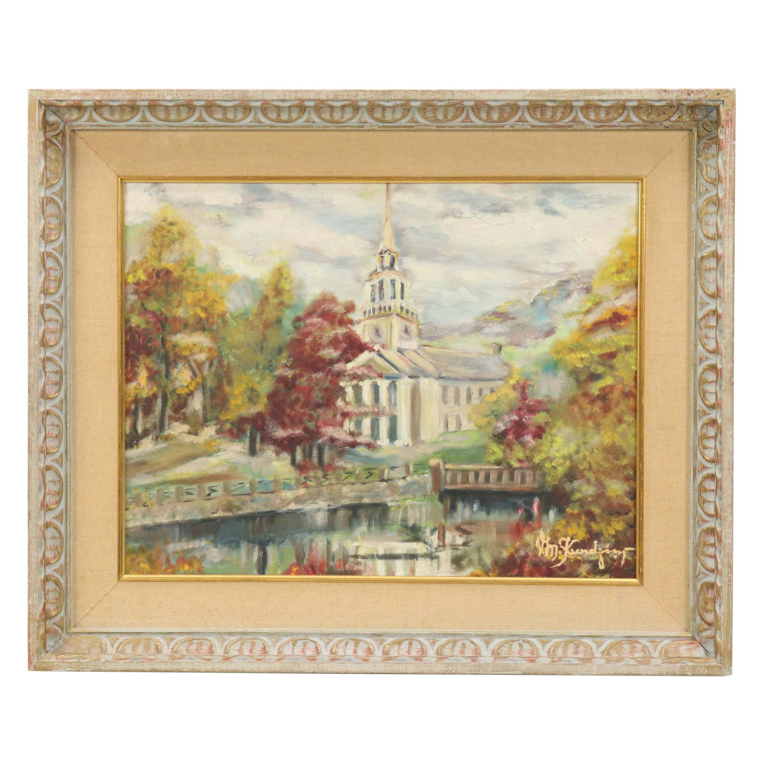 Autumnal Oil Painting with New England Church, Late 20th Century