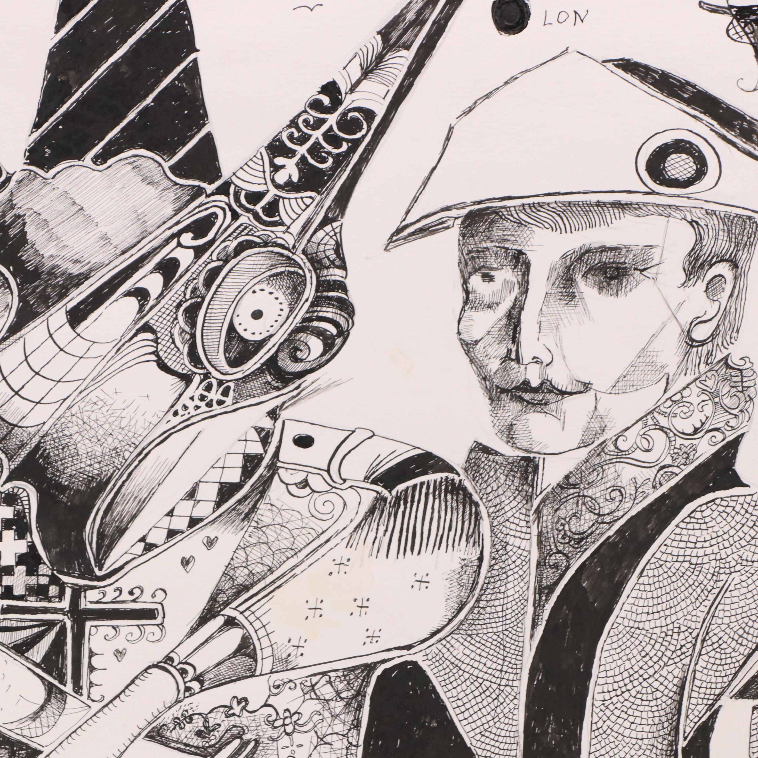 Nikolay "Kuk" Manuylov Surrealist Ink Drawing "Glory to You," 2004