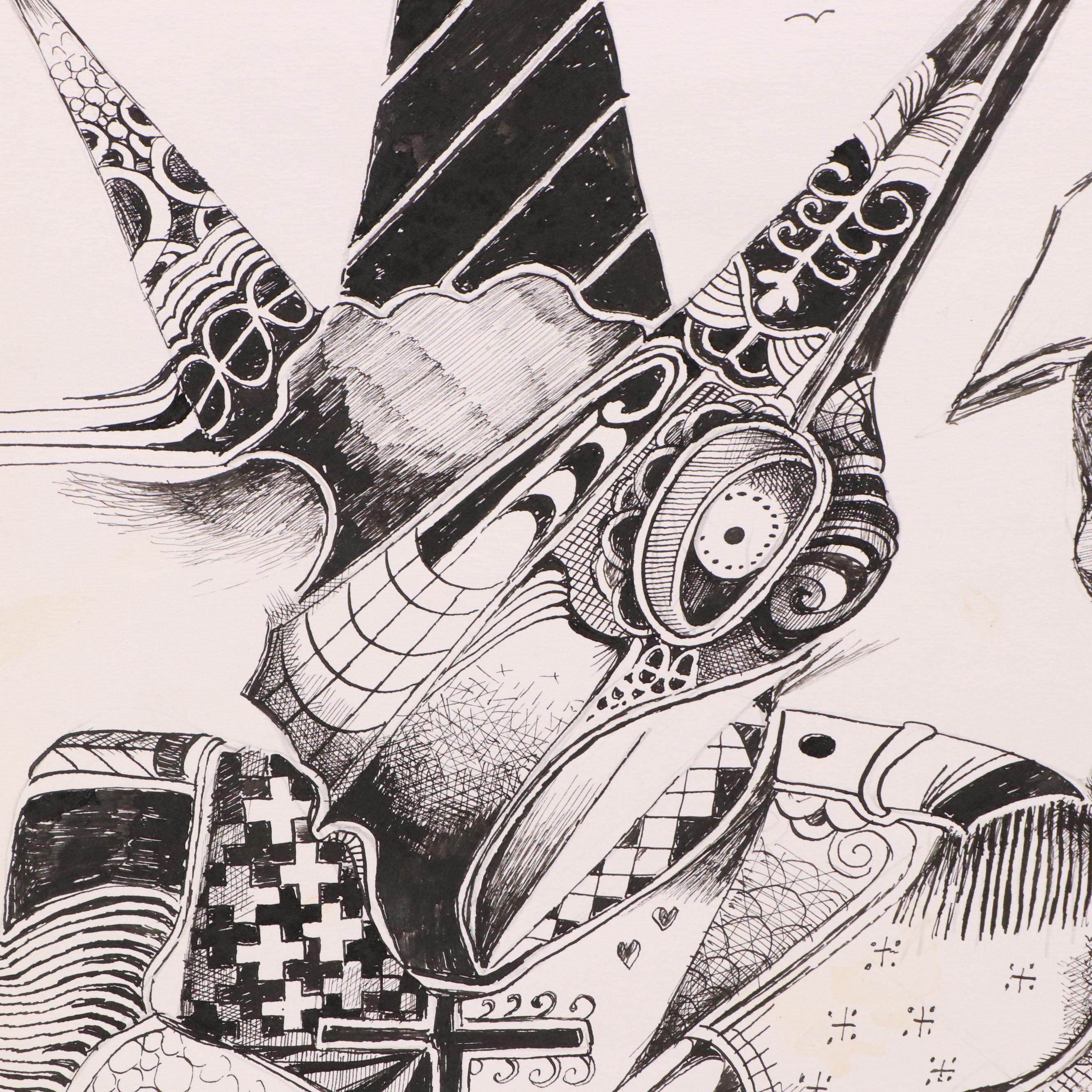 Nikolay "Kuk" Manuylov Surrealist Ink Drawing "Glory to You," 2004