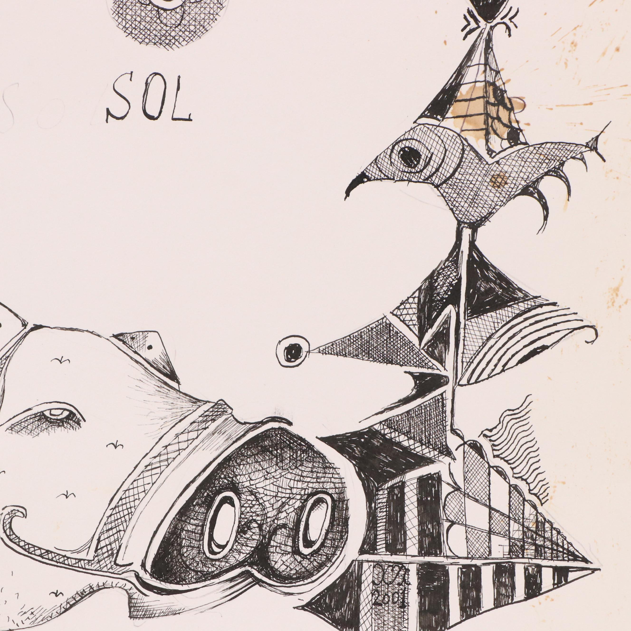 Nikolay "Kuk" Manuylov Figural Surrealist Ink Drawing, 21st Century