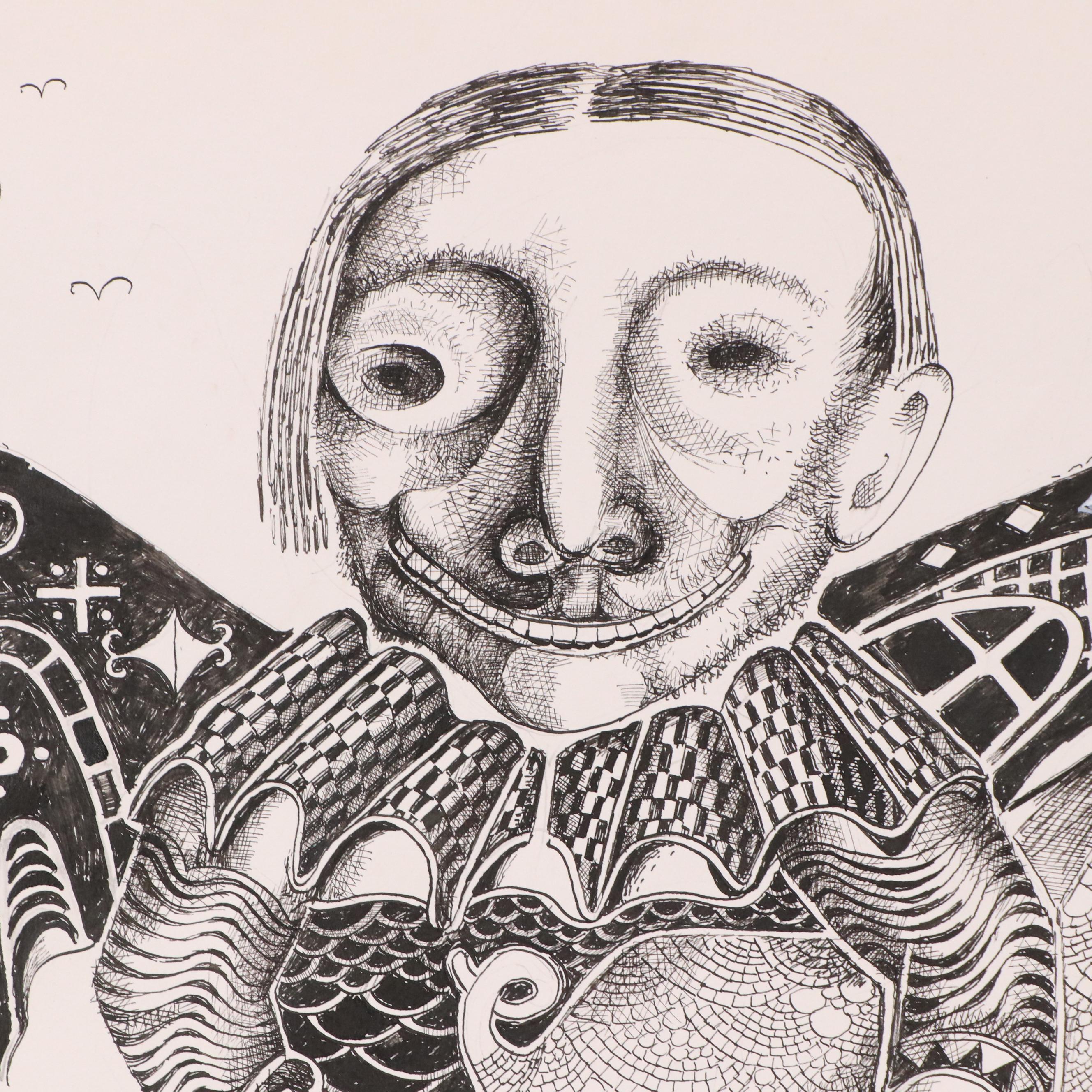 Nikolay "Kuk" Manuylov Figural Surrealist Ink Drawing, 21st Century