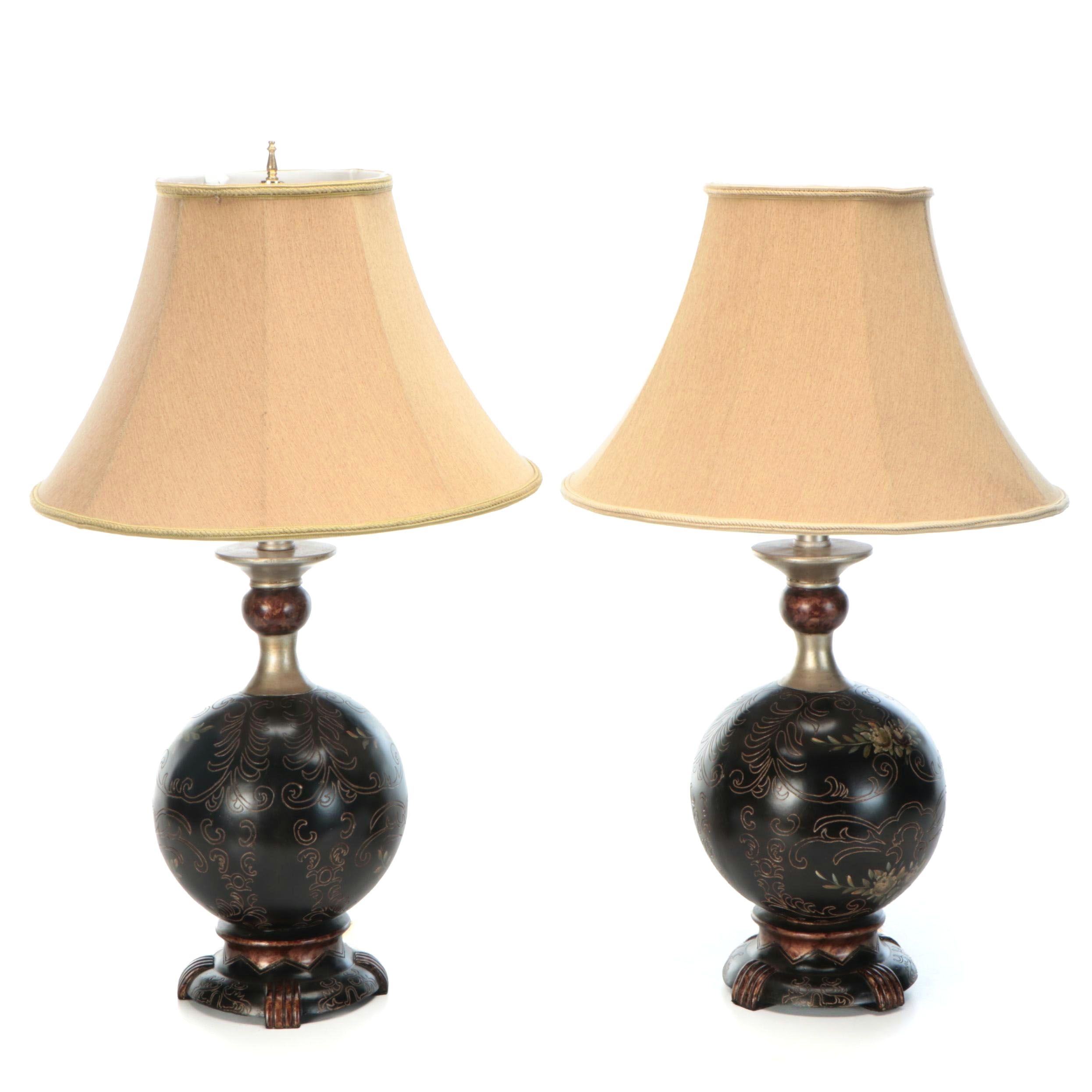 Etched Wood Table Lamp Pair With Silk Shades
