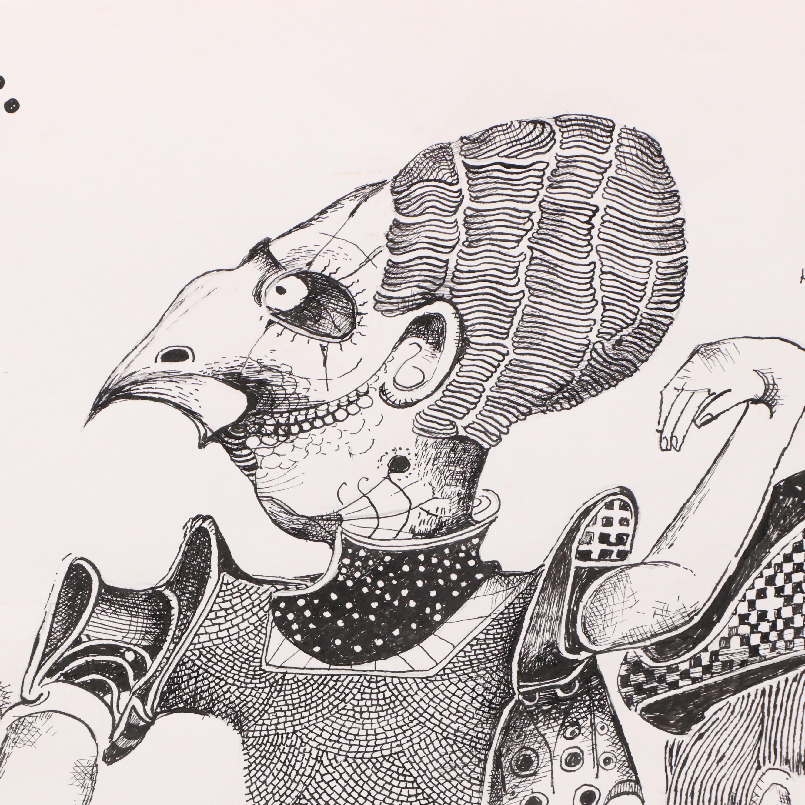 Nikolay "Kuk" Manuylov Figural Surrealist Ink Drawing, 21st Century