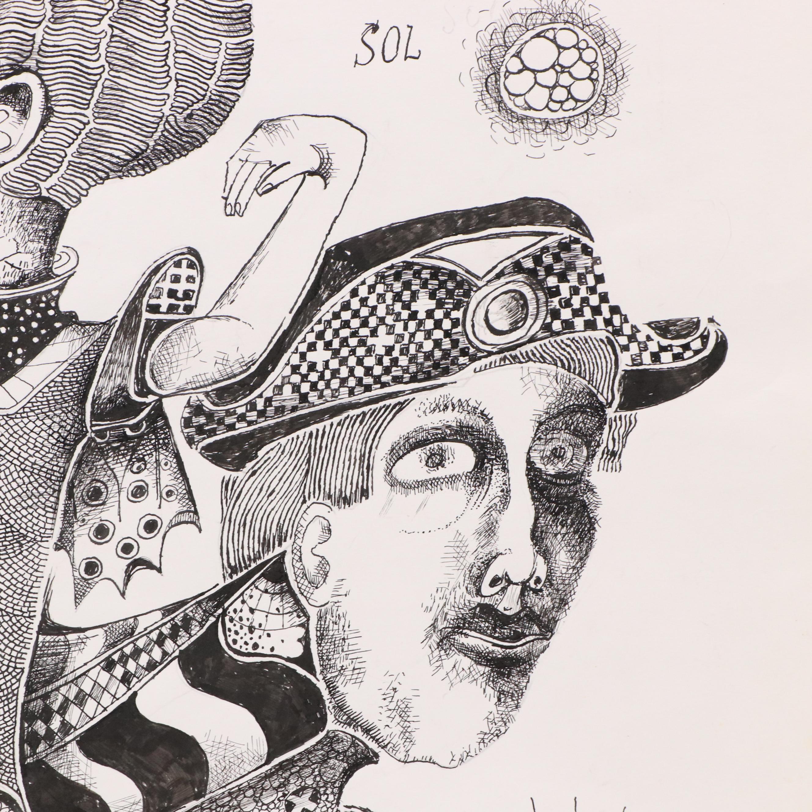 Nikolay "Kuk" Manuylov Figural Surrealist Ink Drawing, 21st Century