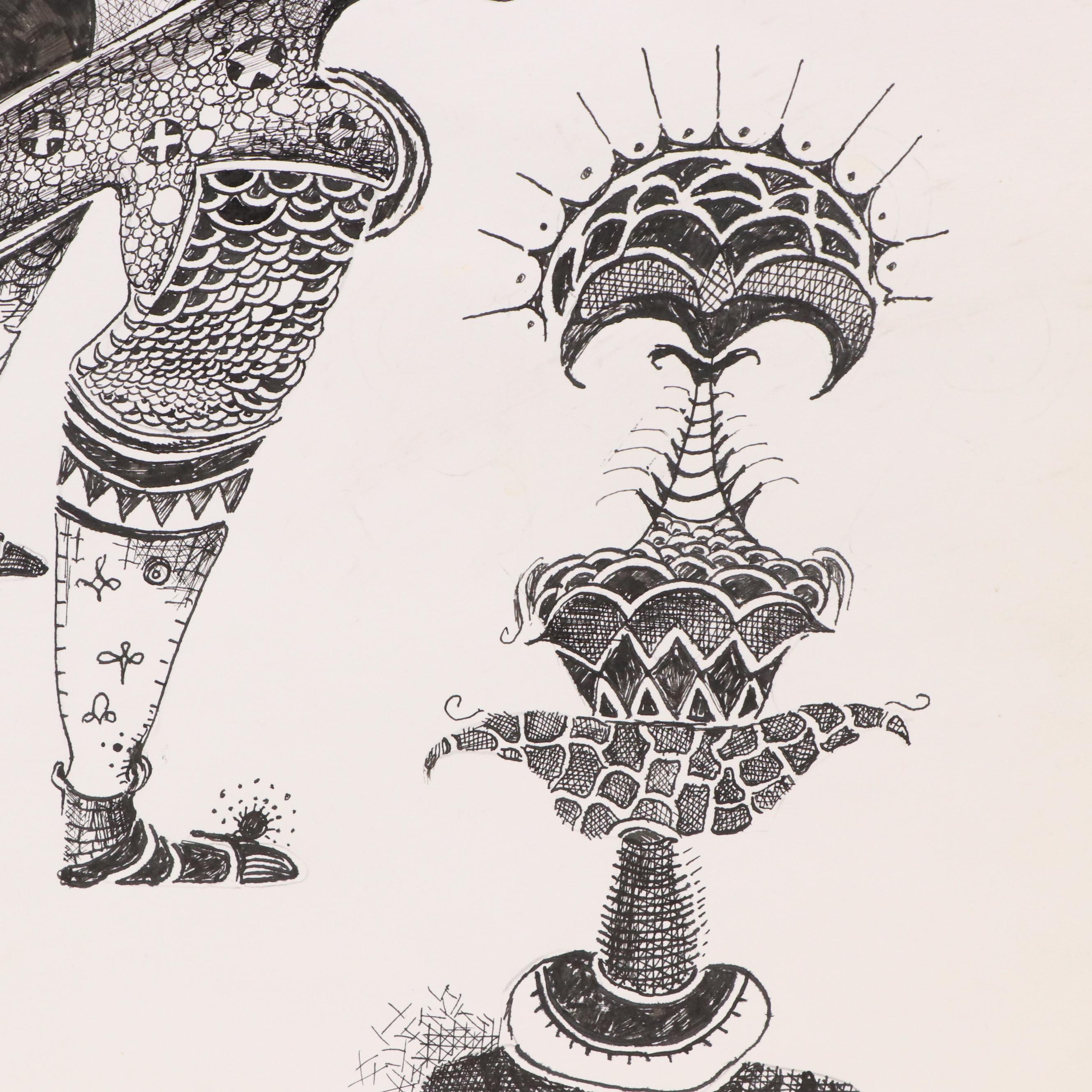 Nikolay "Kuk" Manuylov Figural Surrealist Ink Drawing, 21st Century