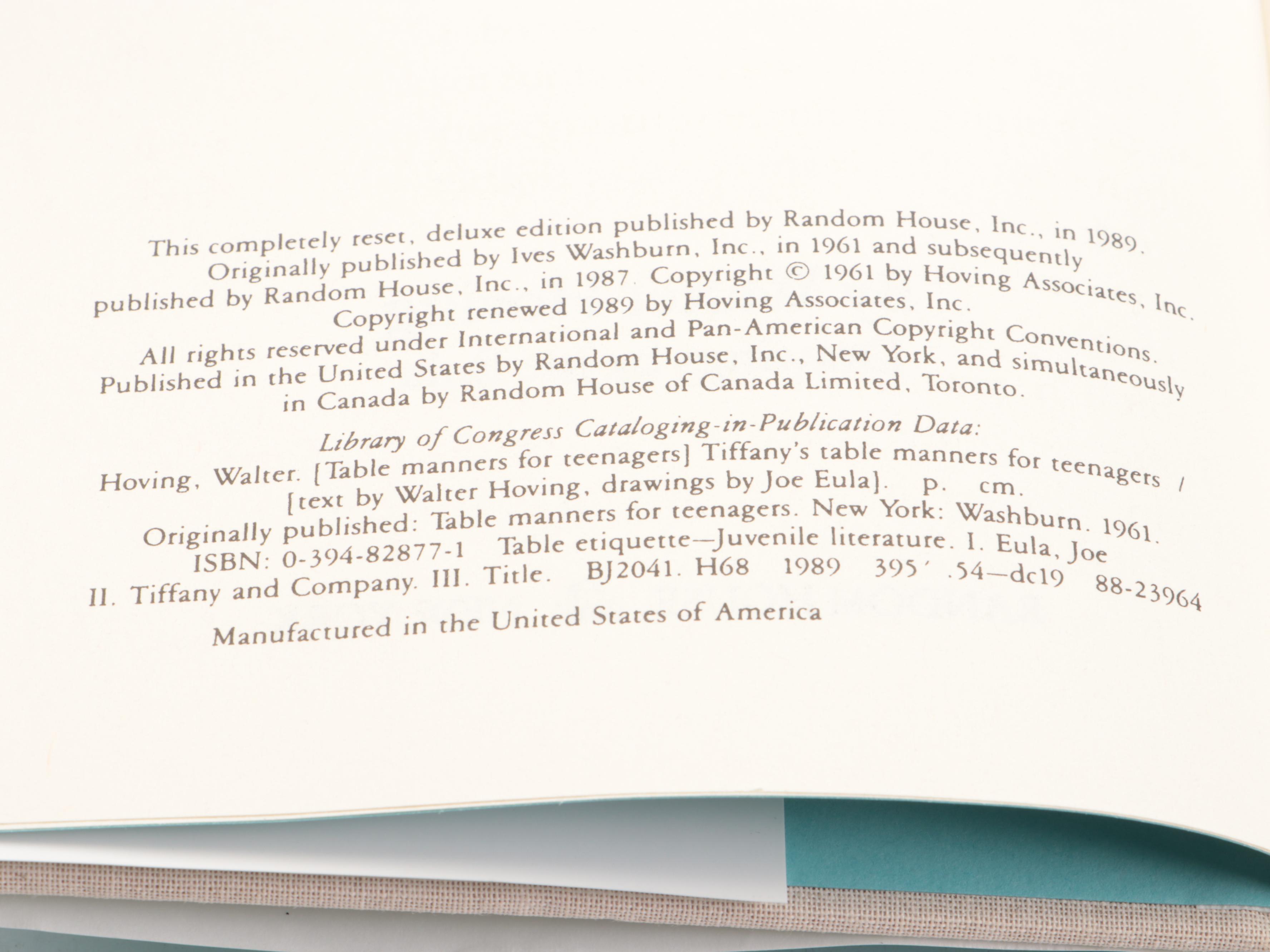 50th Anniversary Edition "Tiffany's Table Manners for Teenagers" by W. Hoving