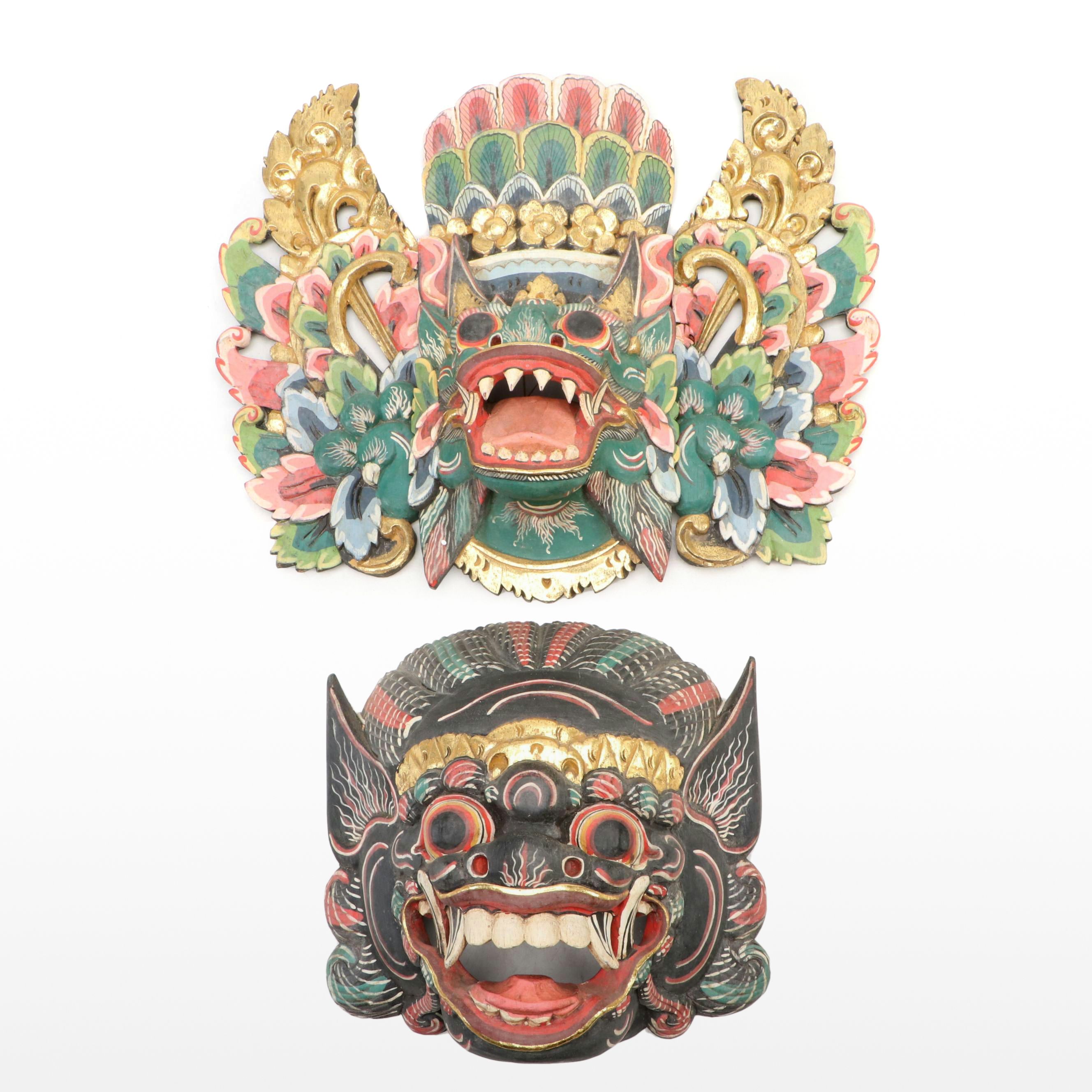 Indonesian Hand-Carved Wood Barong Mask and Garuda Mask