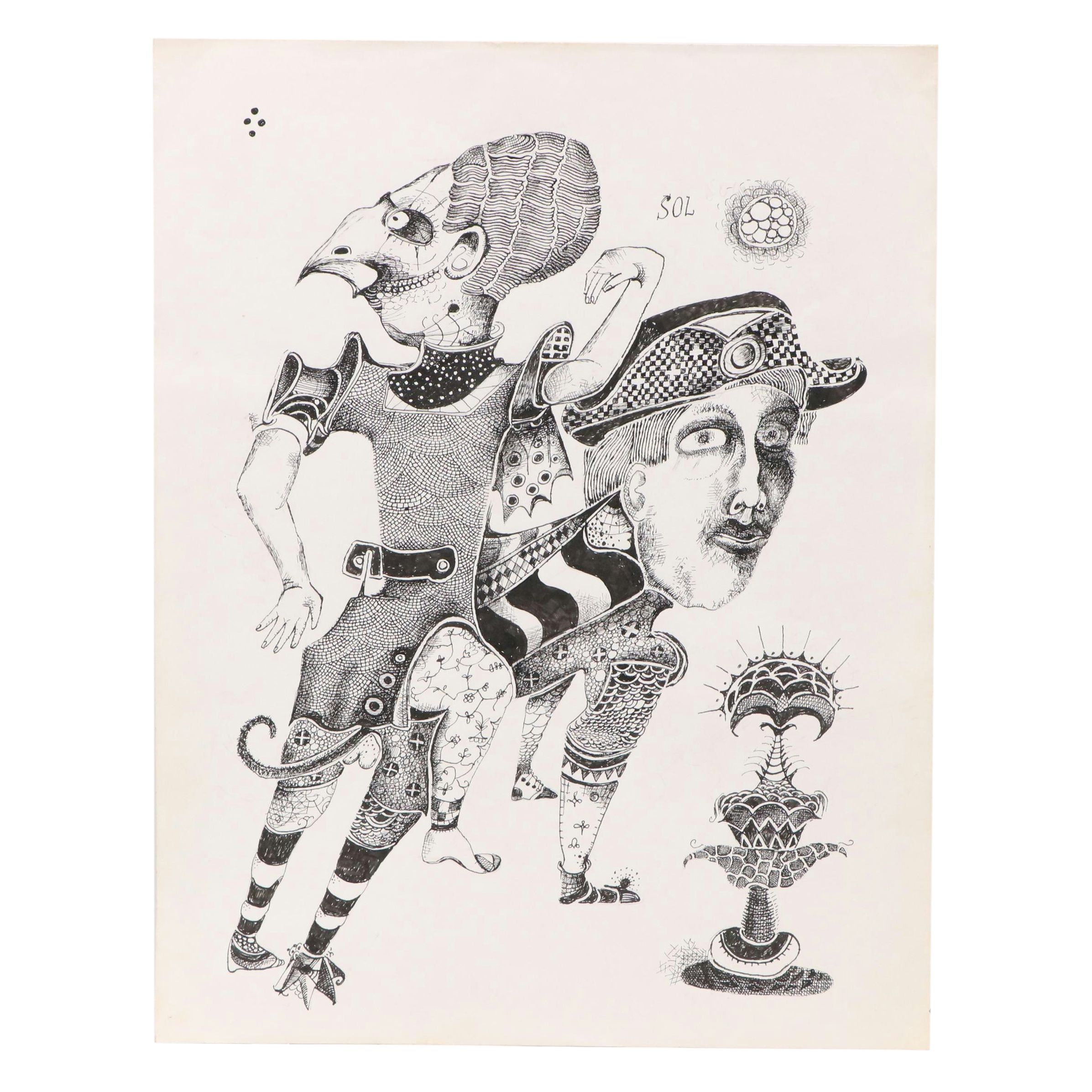 Nikolay "Kuk" Manuylov Figural Surrealist Ink Drawing, 21st Century