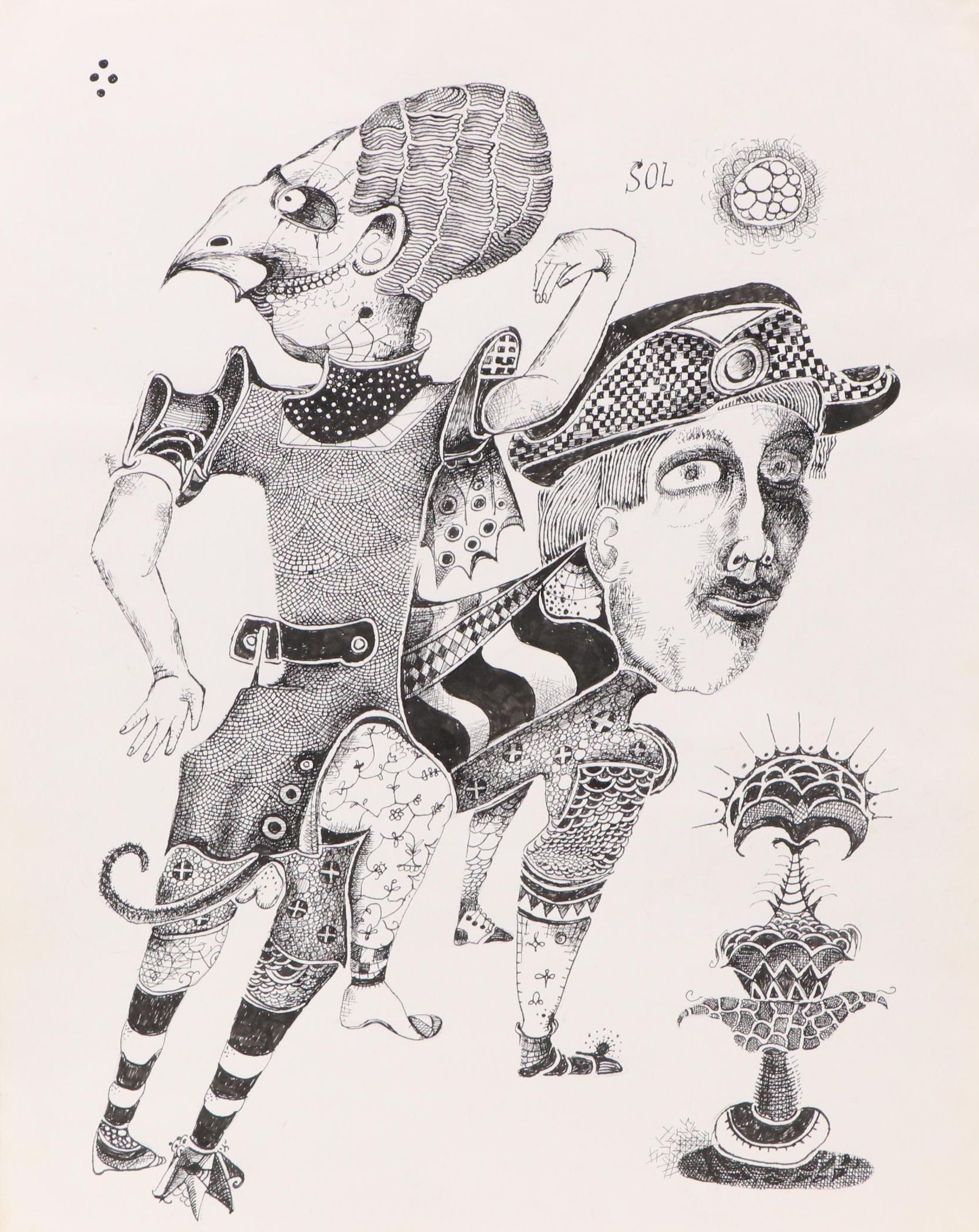 Nikolay "Kuk" Manuylov Figural Surrealist Ink Drawing, 21st Century