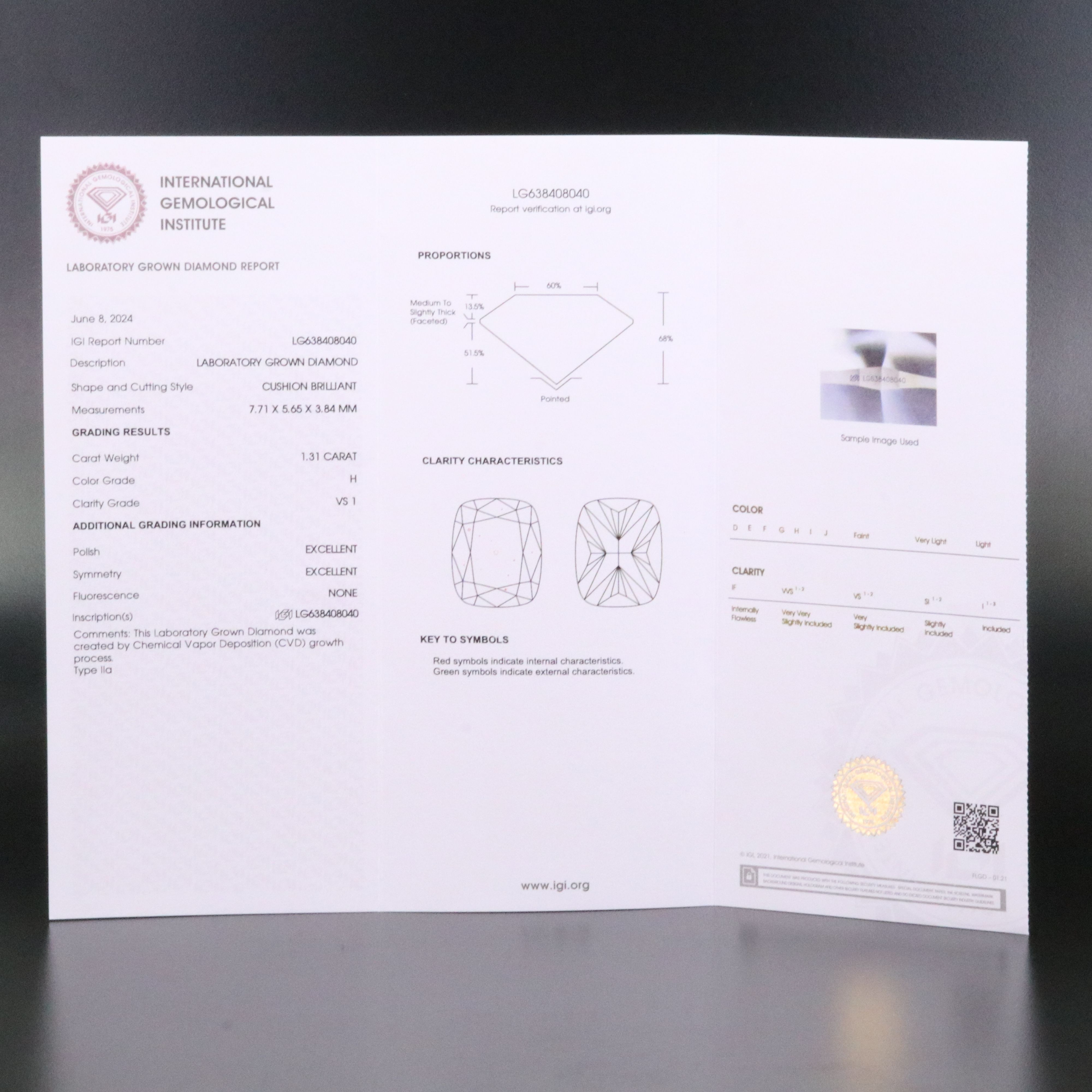 Loose 1.31 CT Lab Grown Diamond with IGI Report