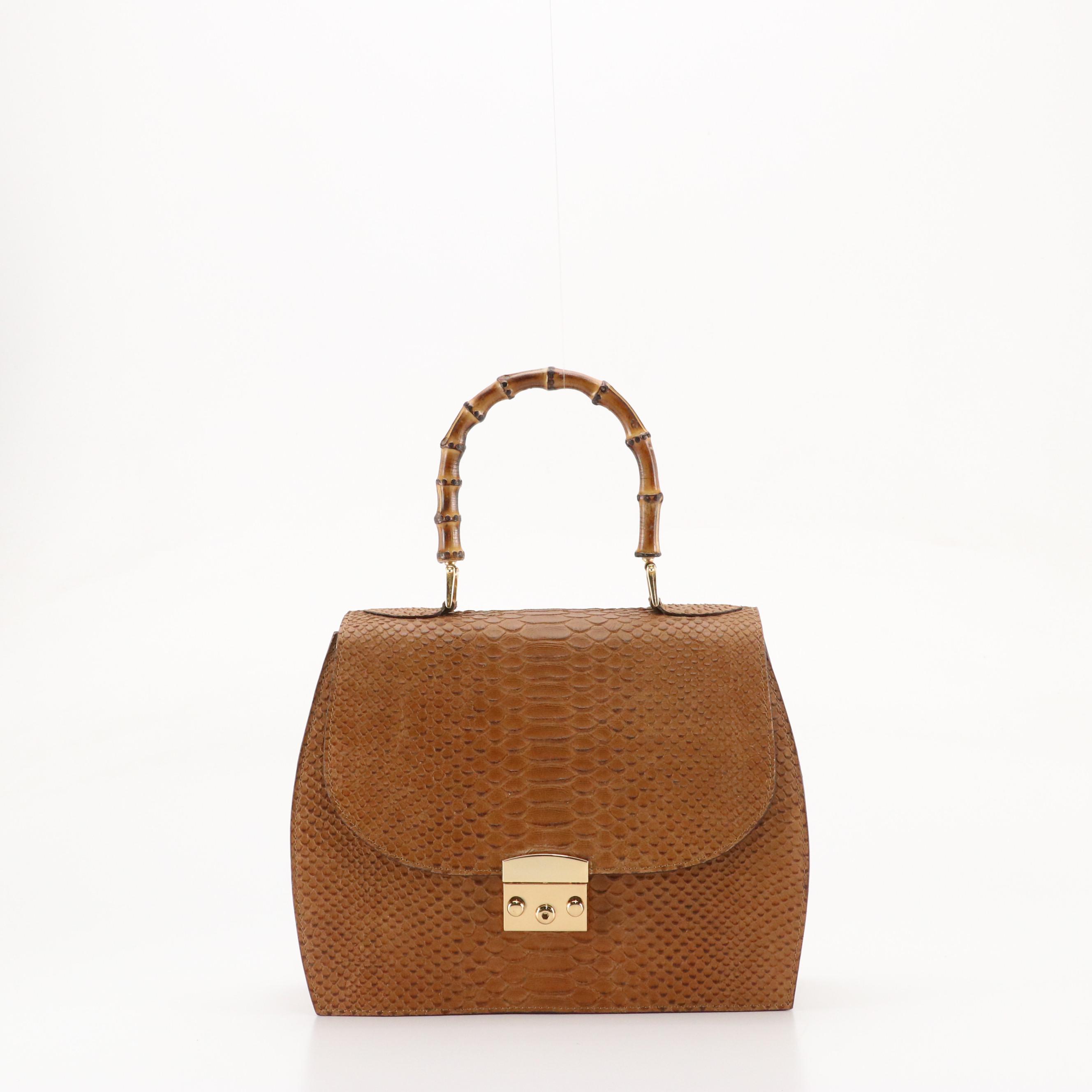 Mavaro Black Grained Leather Backpack, Other Embossed Leather Bamboo Handle Bag