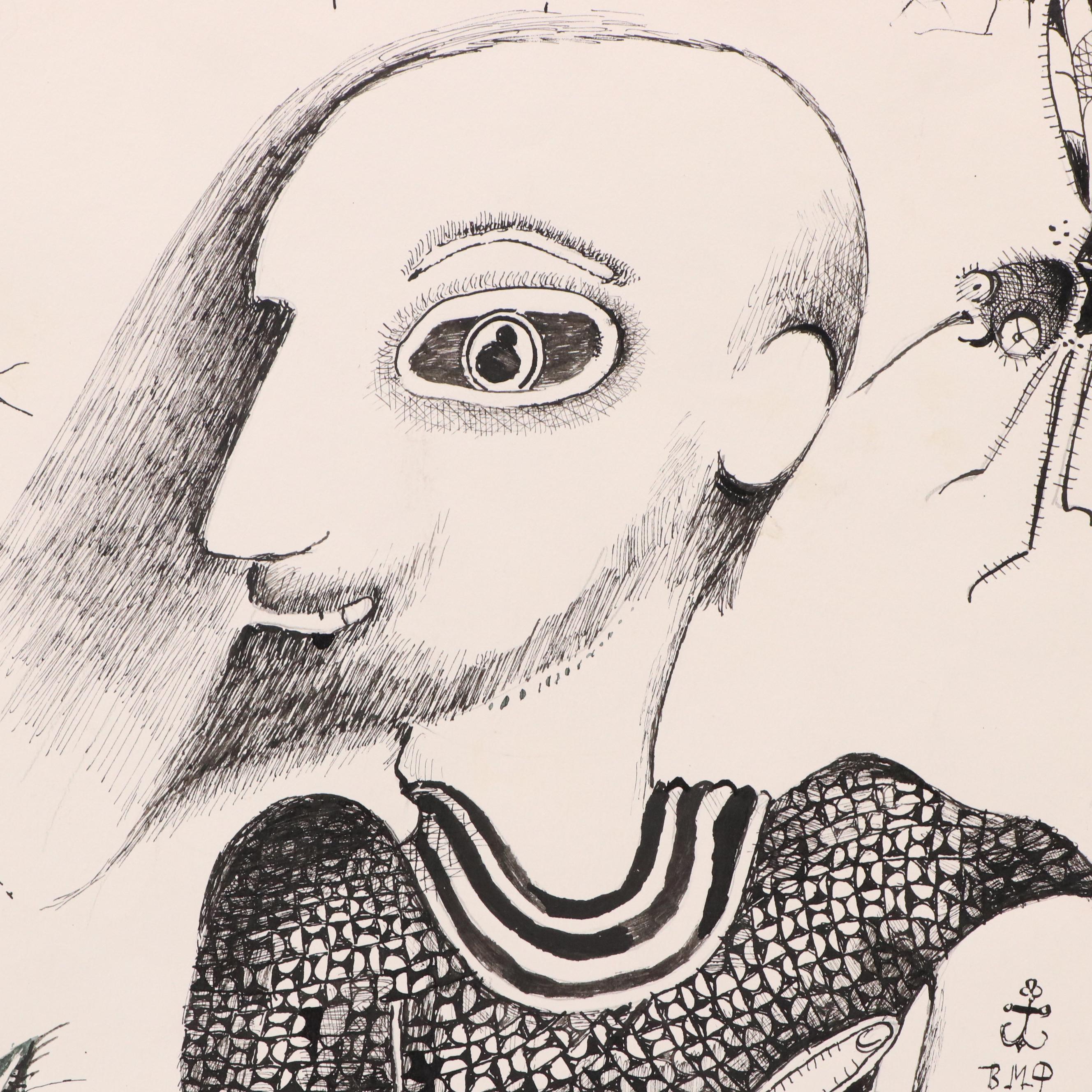 Nikolay "Kuk" Manuylov Figural Surrealist Ink Drawing, 21st Century