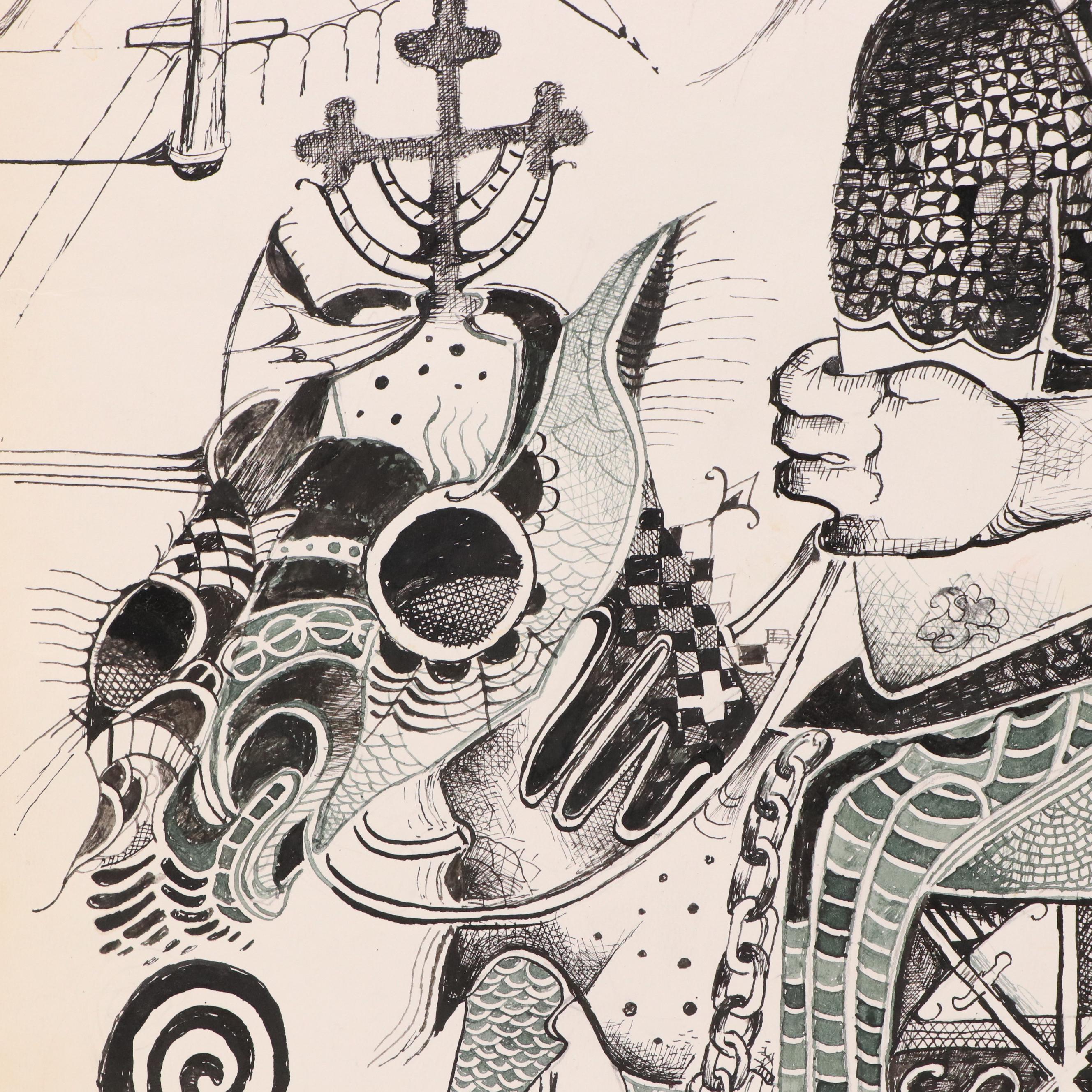 Nikolay "Kuk" Manuylov Figural Surrealist Ink Drawing, 21st Century