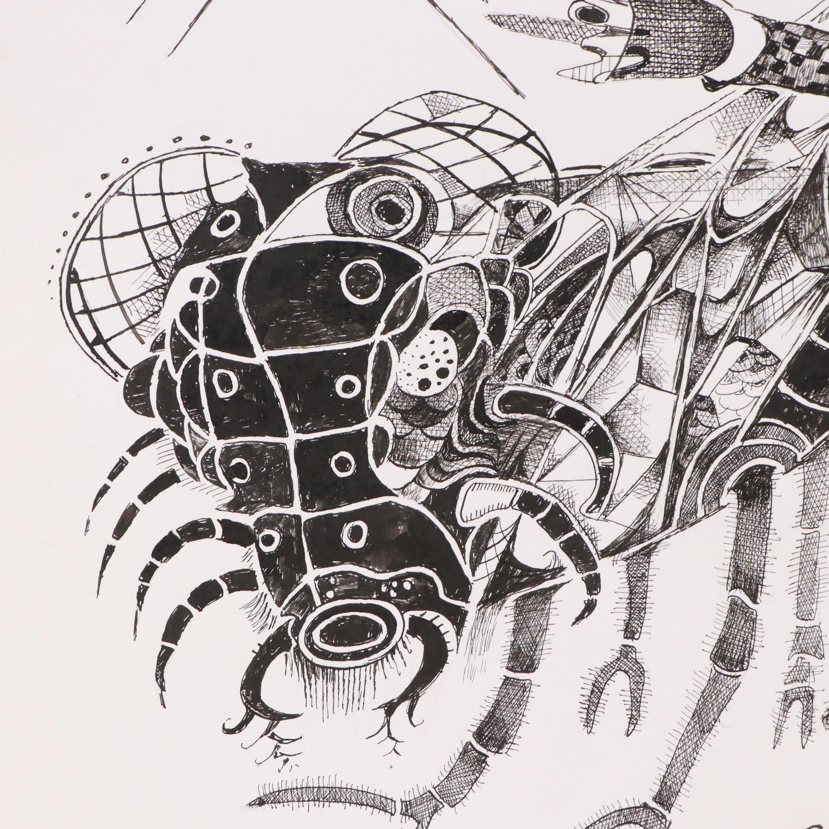 Nikolay "Kuk" Manuylov Surrealist Ink Drawing, 21st Century