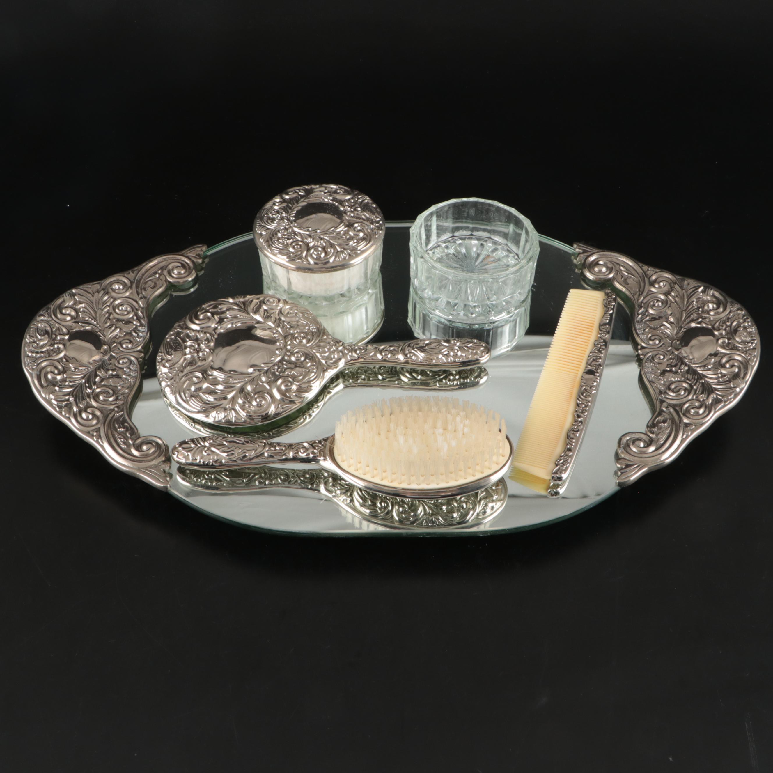 Victorian Style Repousse Silver Vanity Set with Mirrored Tray